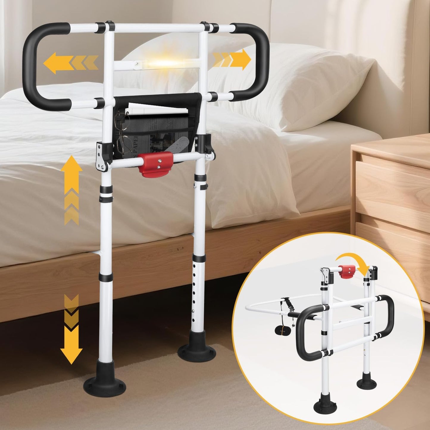 Folding Bed Rail for Elderly Adults with Motion Sensor Light, Adjustable Safety Assist Handle with Secure Straps, Heavy-Duty Bedside Support, Fits Bed Frames 13.58–19.88 in