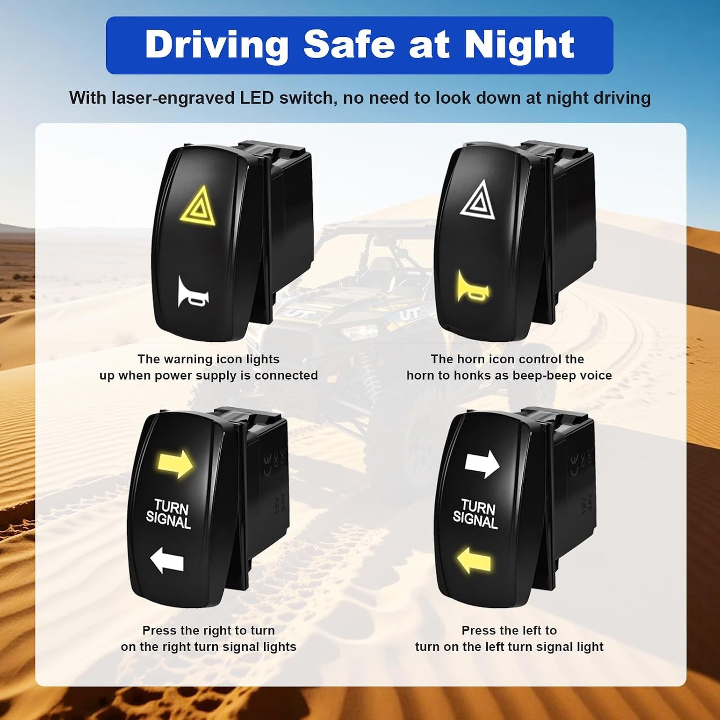 UTV Turn Signal Kit with 2 Rocker Switch and Dual Row 12 LED Beads Amber Light with Rocker Switch