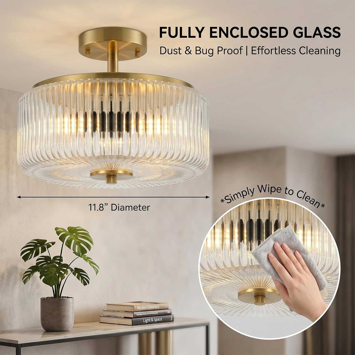 3-Light Semi Flush Mount Ceiling Light, 11.8" Modern Gold Light Fixtures Ceiling Mount with Enclosed Ribbed Clear Glass Shade, Close to Ceiling Lamp for Bedroom, Kitchen, Hallway, Entryway