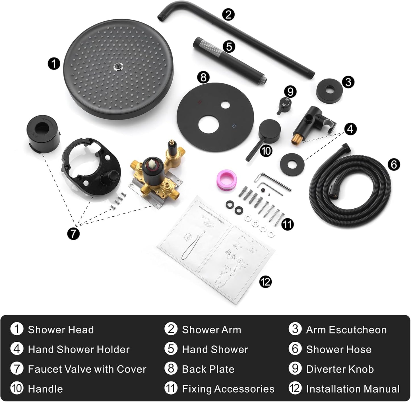 Foroute Black Shower Faucets Sets Complete, Matte Black Shower Fixtures, Shower System with 10 Inch Rainfall Shower Head And High Pressure Handheld,