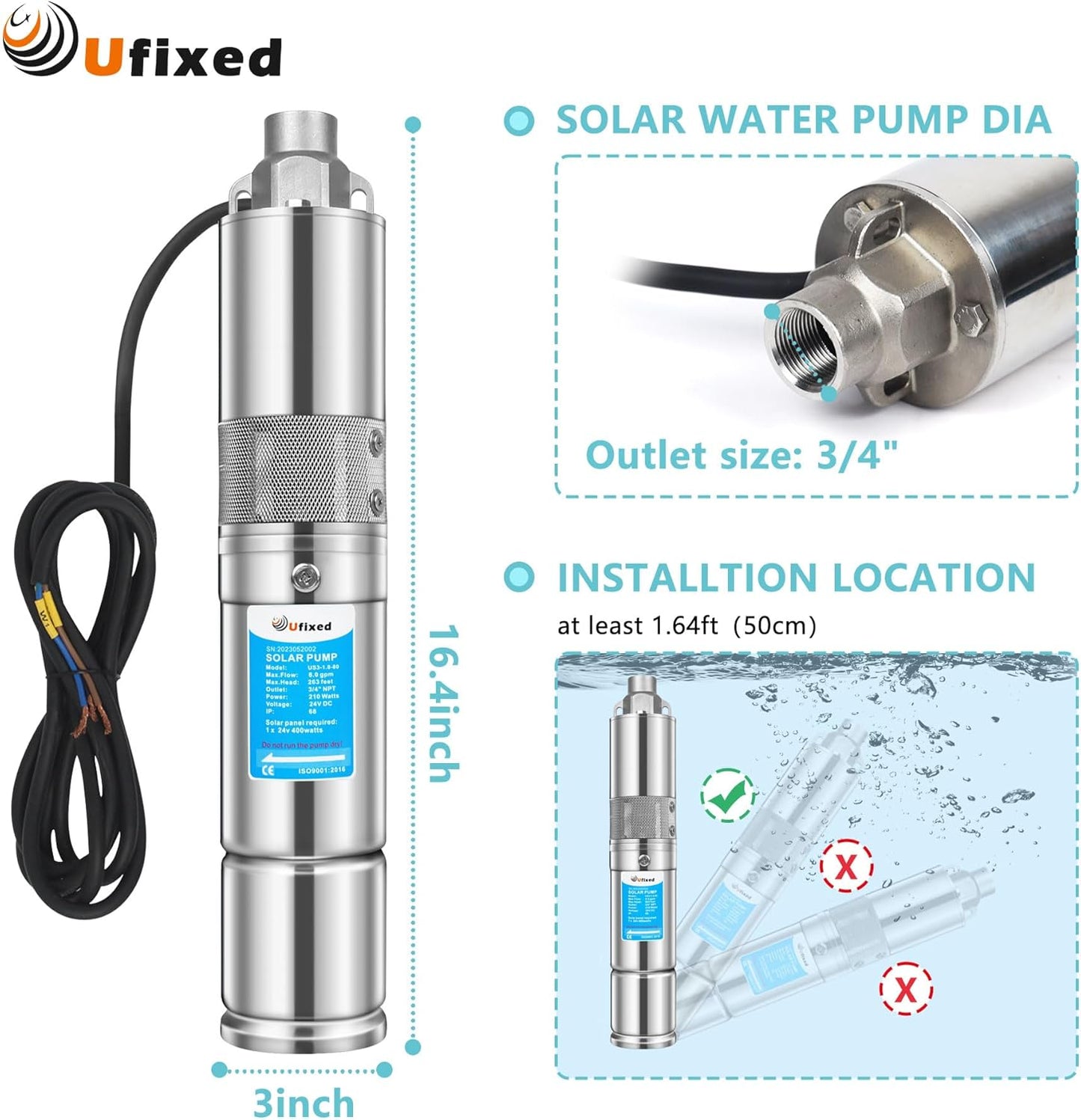 Ufixed 3' OD Solar Well Pump With MPPT Controller 24V Water Pump 5.7GPM 165Ft Head 3/4' Outlet 120W Power Stainless Steel Solar Water Pump