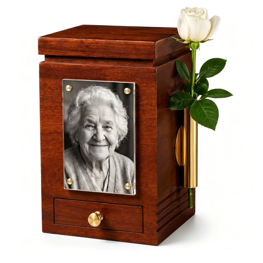 TREUHMM Solid Wood Urn for Human Ashes Adult – 200 Cu in Cremation Urn with Integrated Magnetic Flower Vase & Keepsake Drawer – Premium Walnut Finish Memorial Box for Adult – TSA Approved