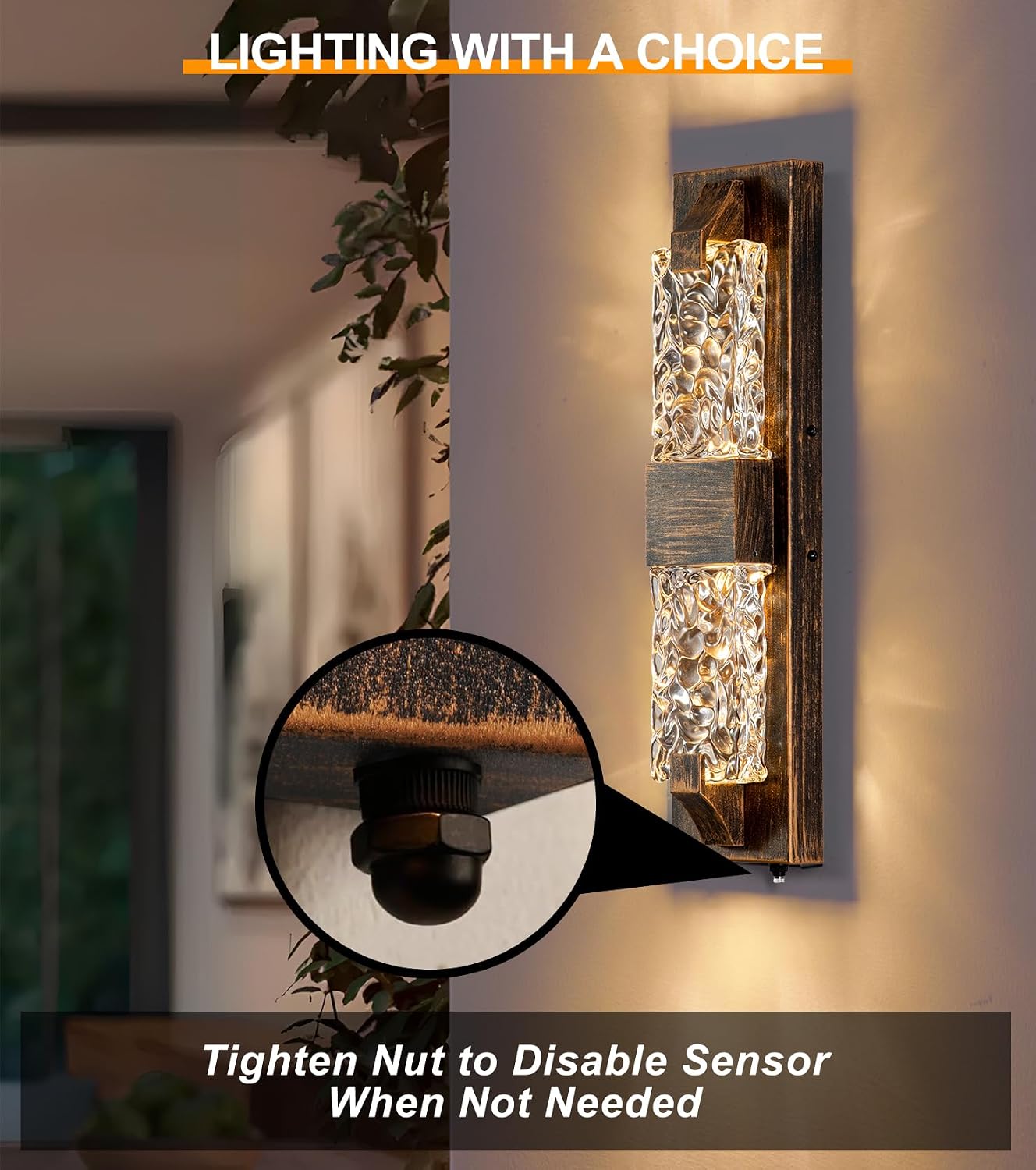 Dusk to Dawn Porch Lights, 18.5" Rustic LED Outdoor Wall Light 2 Pack | Rustic Wood-Grain,Crystal Glass Shade, IP65 Waterproof,12W 3000K Hardwired, Rust-resistant for Entryway/Garage/Patio/Doorway