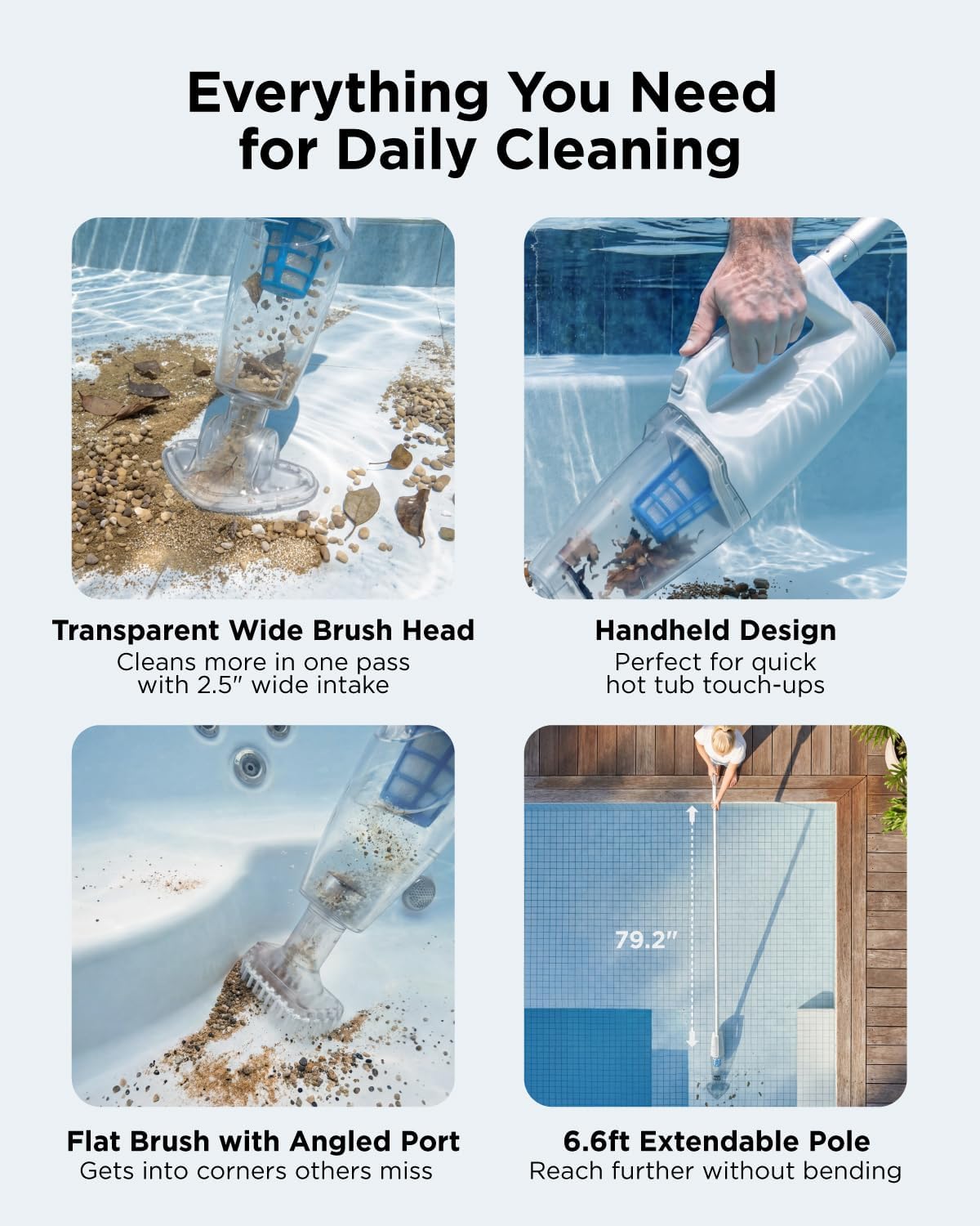 InoKraft 2-in-1 Cordless Handheld Pool Vacuum & Hot Tub Cleaner, Swap-On Replaceable Battery, High Suction for Above Ground Pools, Spa Vacuum with Stick Pump Drain Mode for Silt & Sand
