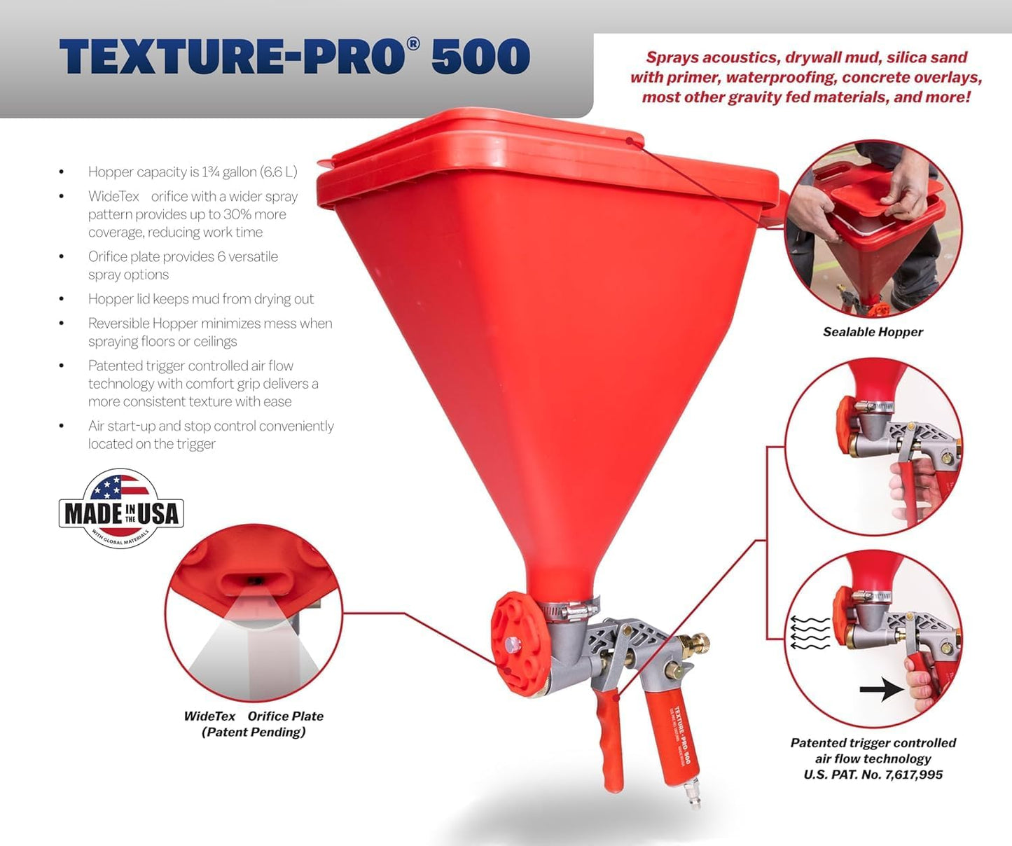 WAL-Board Tools Texture Pro 500 Hopper Gun with Putty Knife, Assembled in USA, Complete Kit for Wall and Ceiling Texturing, with Air Control Valve, TP500 500 +