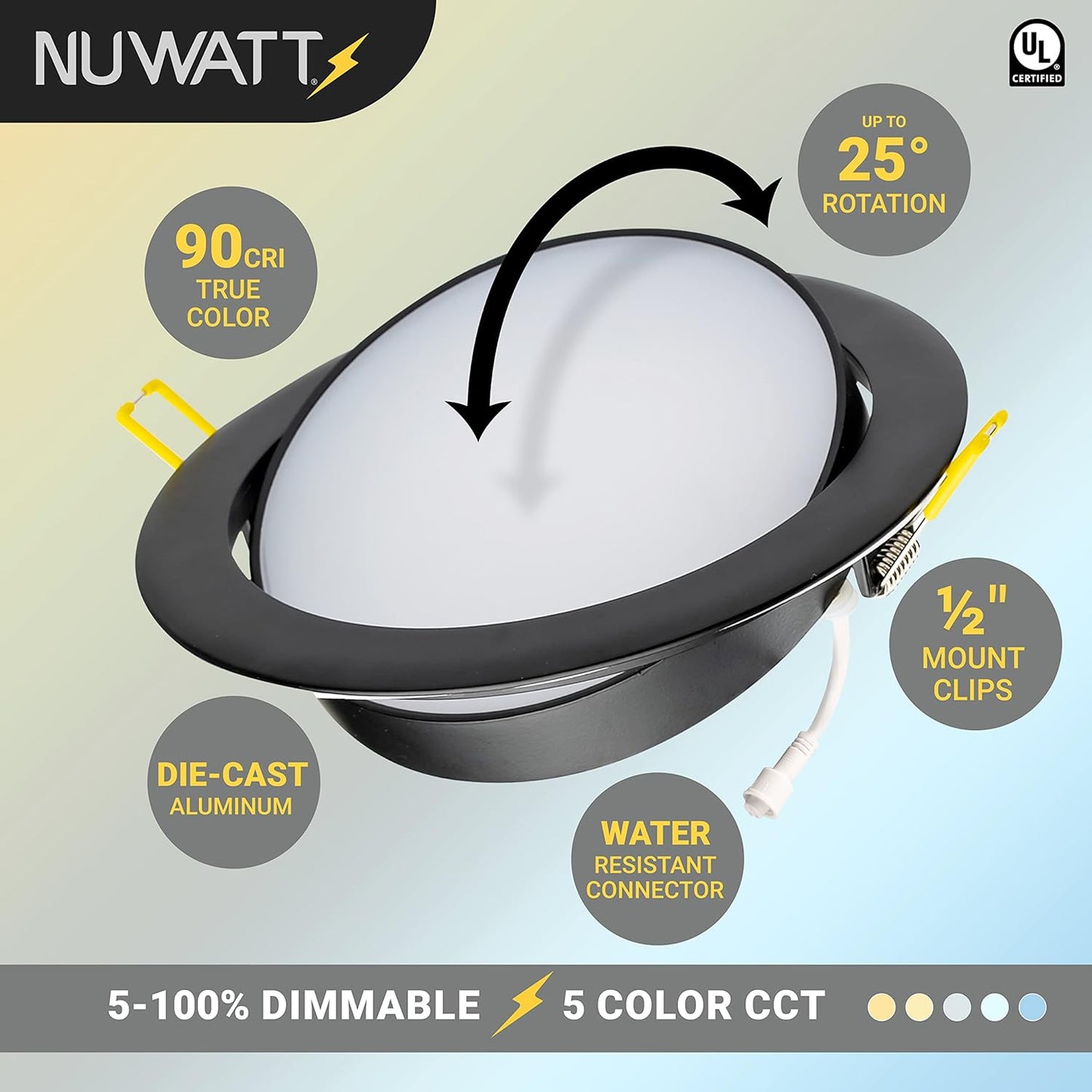 NUWATT | 6 Pack | 6 Inch Gimbal Ultra-Thin LED Recessed Light, 2700K/3000K/3500K/4000K/5000K Selectable, 950 Lumen Dim