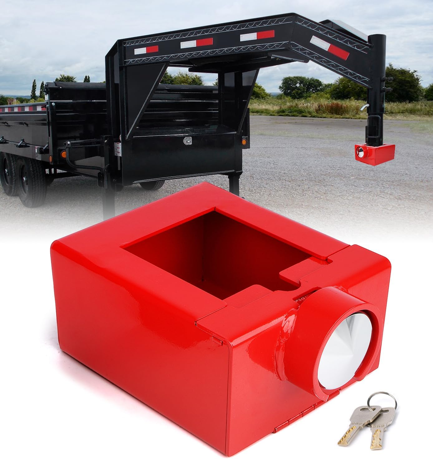 Aupar Patent-Designed Gooseneck Trailer Lock Fit for Most 7-Inch Bottom Plate Couplers, Heavy Duty Trailer Lock Fit Square & Round Trailer Tube - Red