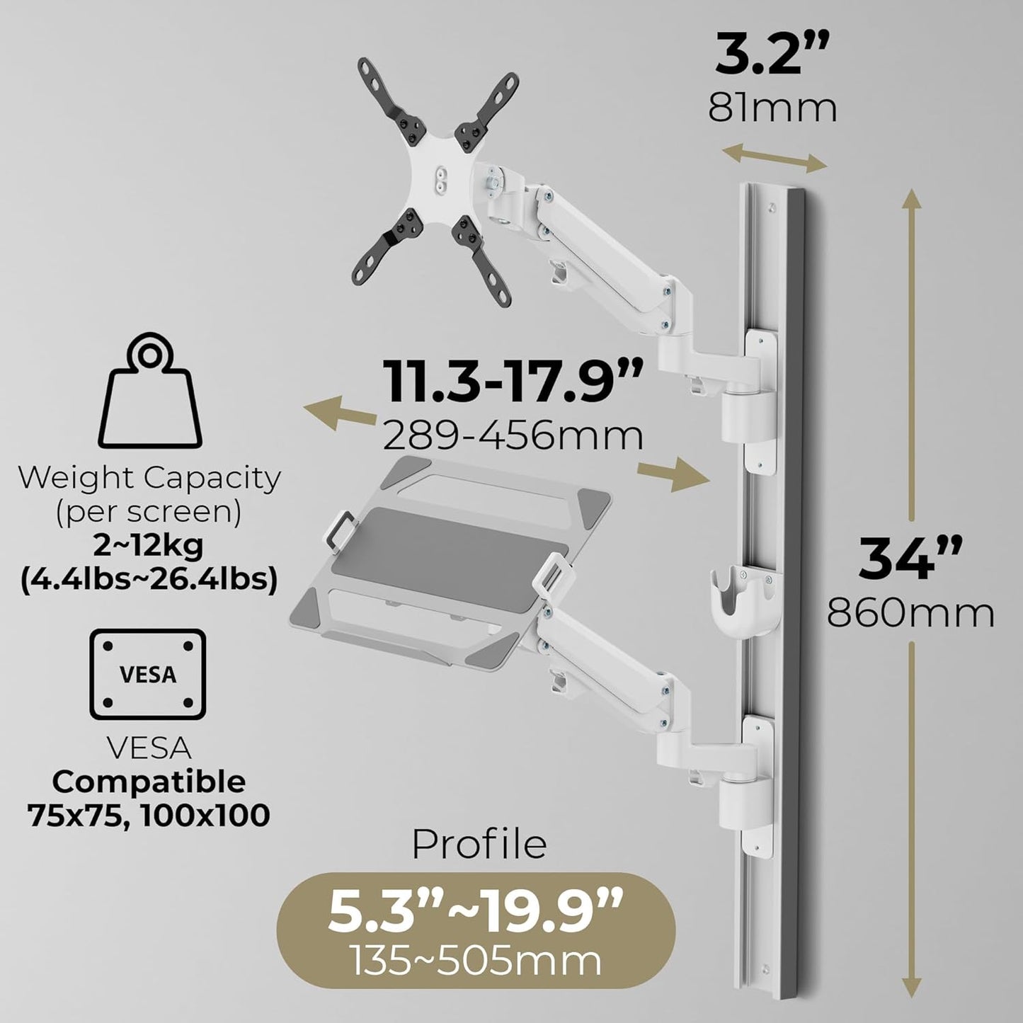 TV Mount with Laptop Holder & Keyboard Tray 17'-43' Screen | Holds 26.4lbs | White