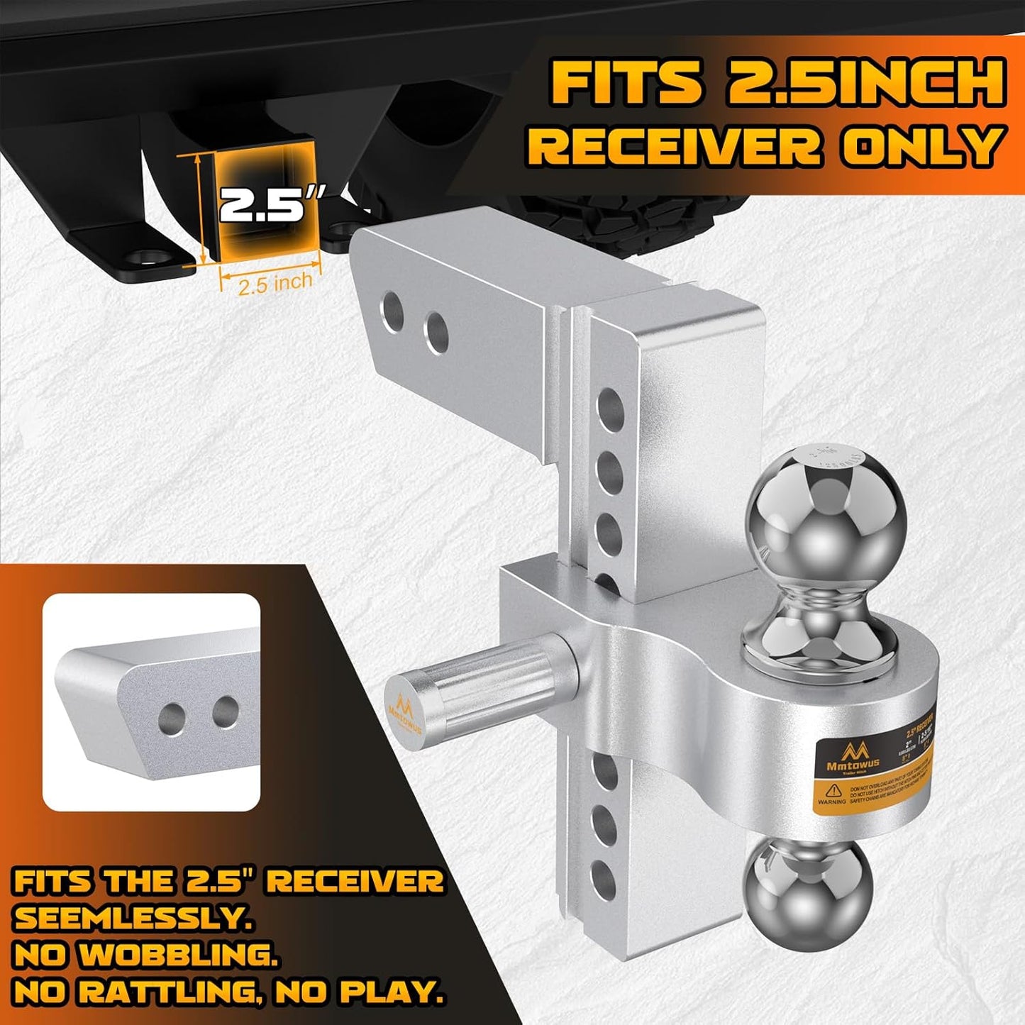 Adjustable Trailer Hitch -Drop Hitch 2.5 Inch Receiver, Aluminum Tow Hitch with 8" Drop/Rise, Dual Ball Mount (2" & 2-5/16") Ball Hitches for Truck, Weatherproof 2X Anti-Theft Hitch Pin Locks