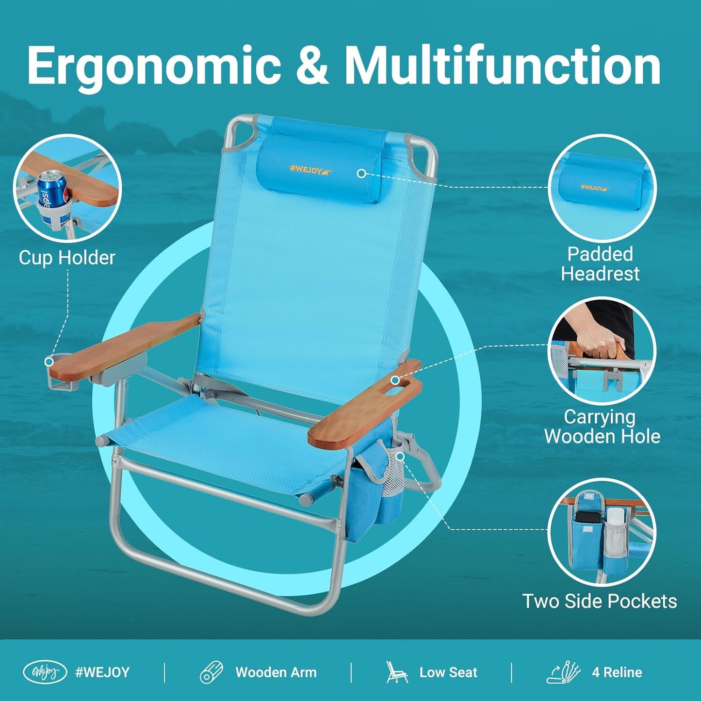 #WEJOY Oversized Reclining Beach Chair - Backpack Folding Adult Portable Low Seat with 4 Adjustable Positions, Carry Strap, Cup Holder, Wooden