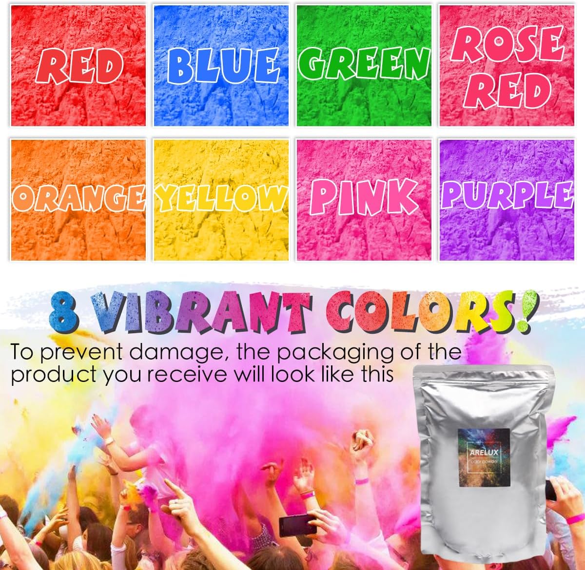 Holi Colors Powder - 8 Pack of Color Smoke Powders 5 Pounds Each, Gender Reveals,Fun Runs, Photoshoot, Motorcycle Burnout Chalk, Marathon, Rangoli,