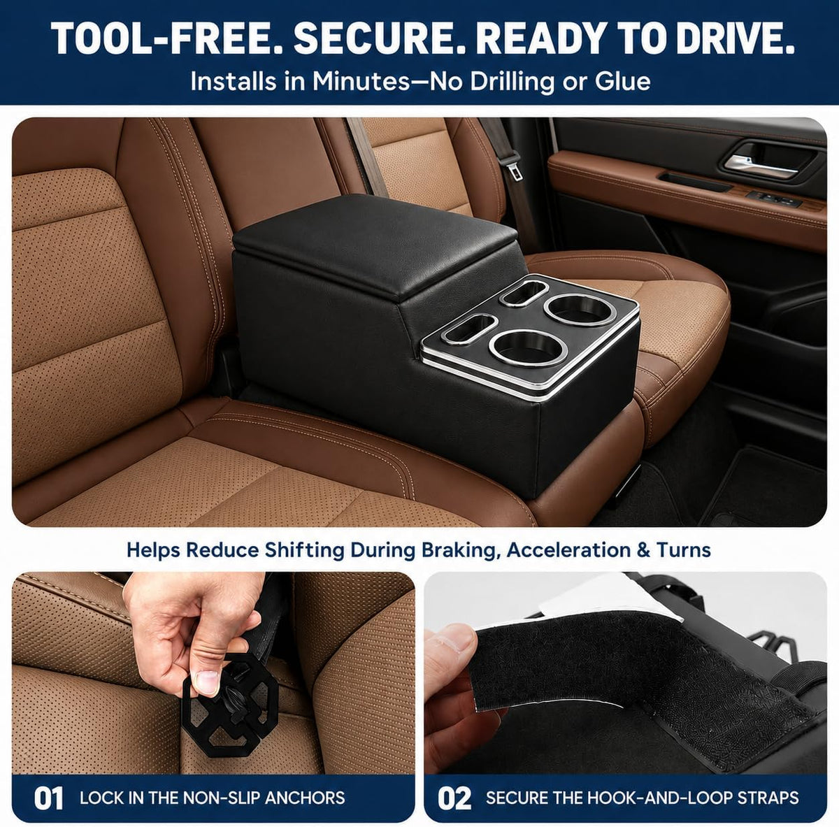 Bench Seat Center Console for Trucks, Cup and Phone Holders, Black