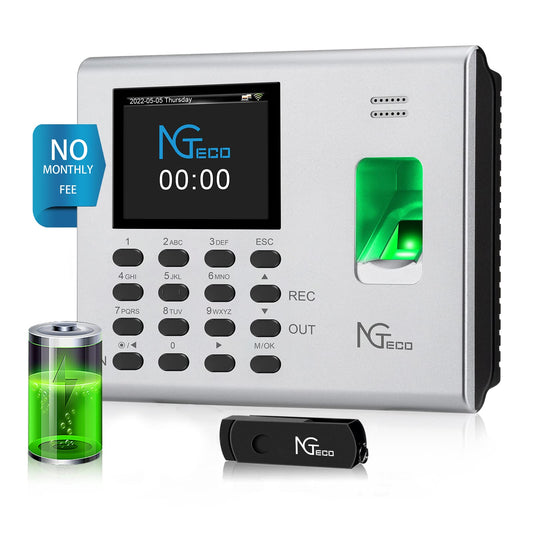 Time Clock for Employees Small Business, 2.4GHz WiFi Fingerprint Time Clock with Battery, Automatic Punch in and Out