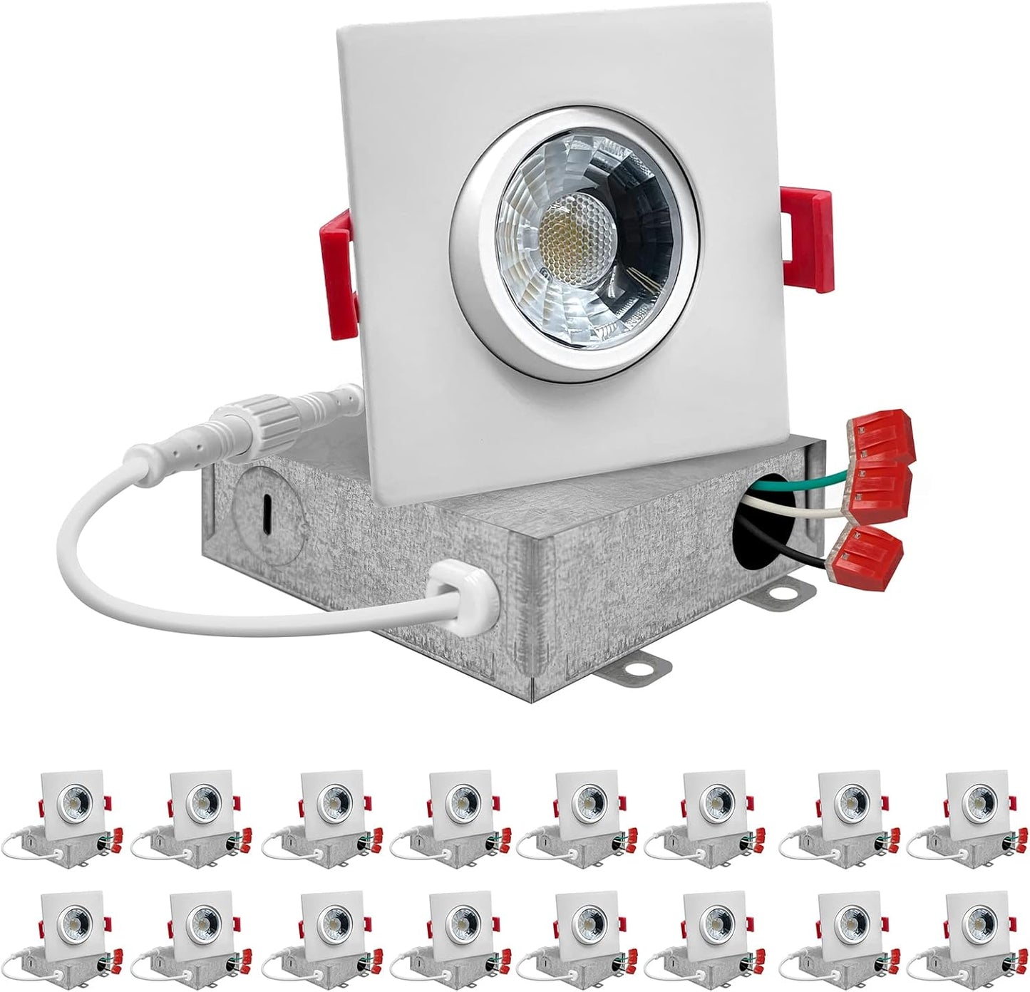 NUWATT | 16 Pack | White 3 Inch Square Adjustable LED Ceiling Light Gimbal Recessed Lighting Dimmable Canless Downlight 5CCT 2700K | 3000K | 3500K |