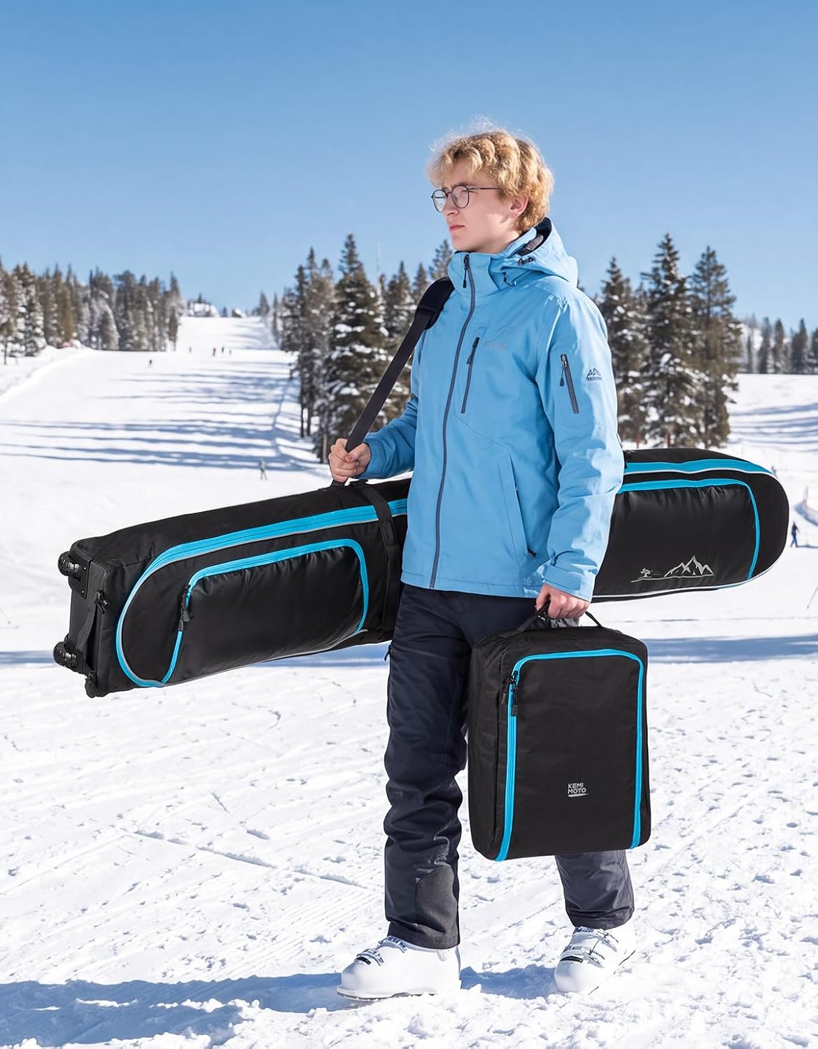 KEMIMOTO Padded Ski Bag with Wheels for Skis and Snowboards, Boot Bag Combo
