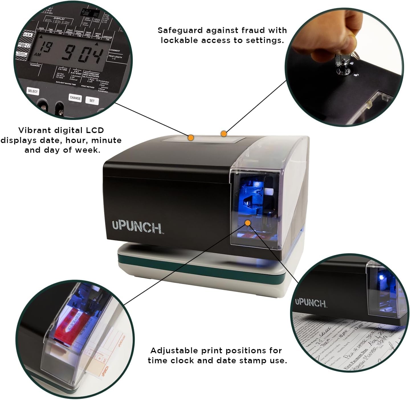 uPunch Digital Time Clock and Date Stamp Bundle Includes time Clock and Date Stamp, 100 time Cards, 10-Slot time Card Rack, 2 Keys, and 1 Ribbon (PK1100), Black