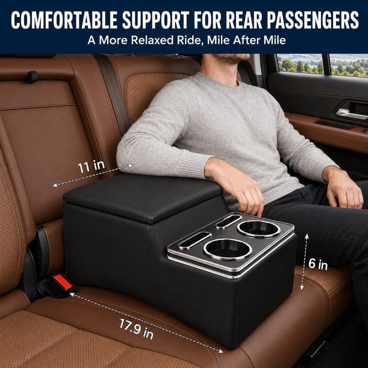 Bench Seat Center Console for Trucks, Cup and Phone Holders, Black