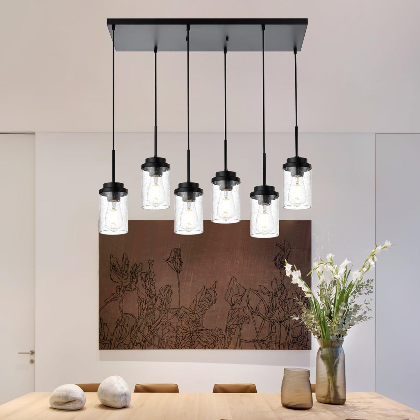 6 Lights Hanging Kitchen Island Lighting Black Linear Chandeliers for Dining Room, 30.5 Inches Large Pendant Light Fi