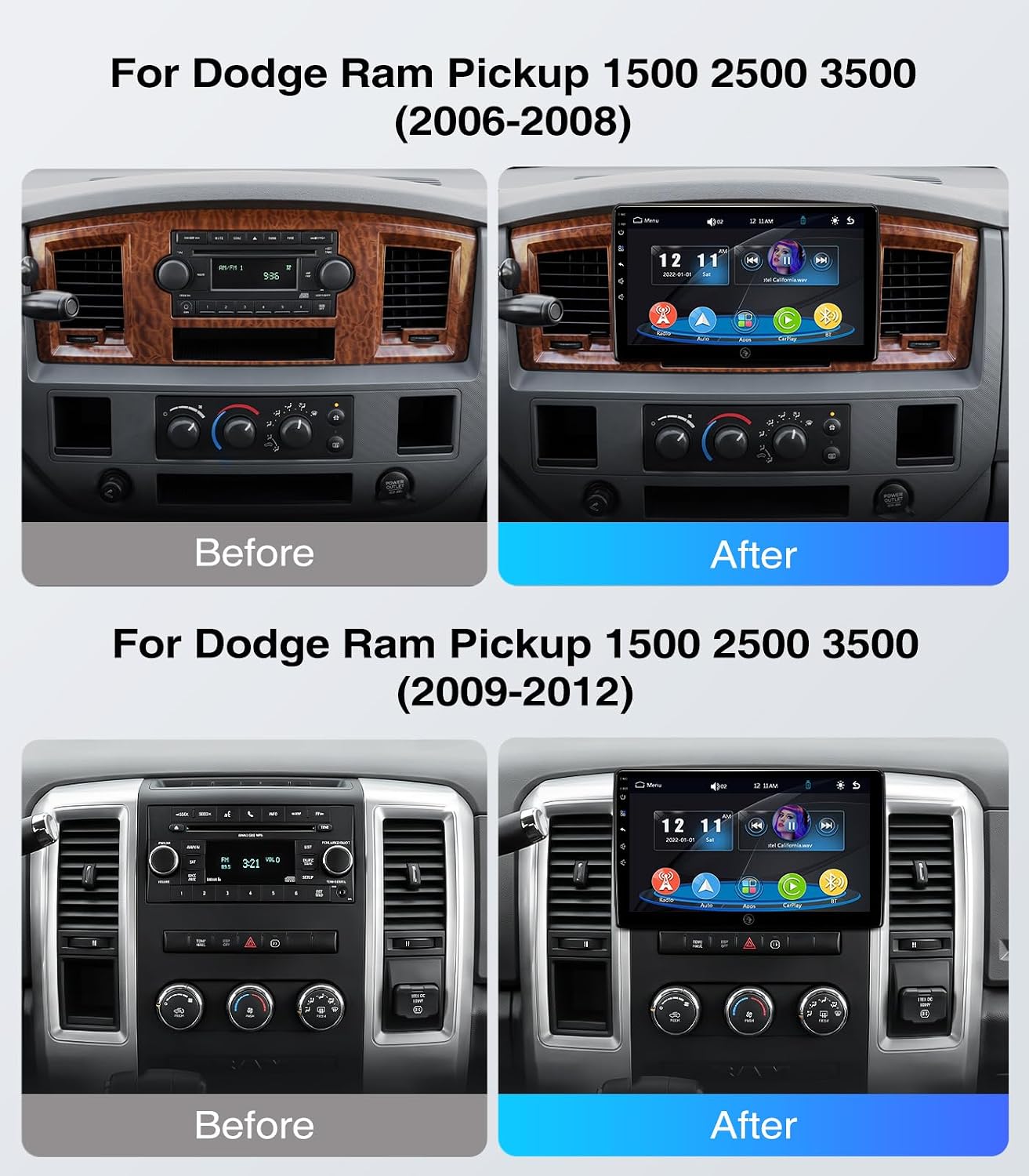 10 inch Touchscreen Car Stereo Radio for Dodge Ram 1500 2500 3500 2006-2012 Replacement Dash Kit w/Wired Wireless CarPlay Android Auto Navigation Linux Head Unit