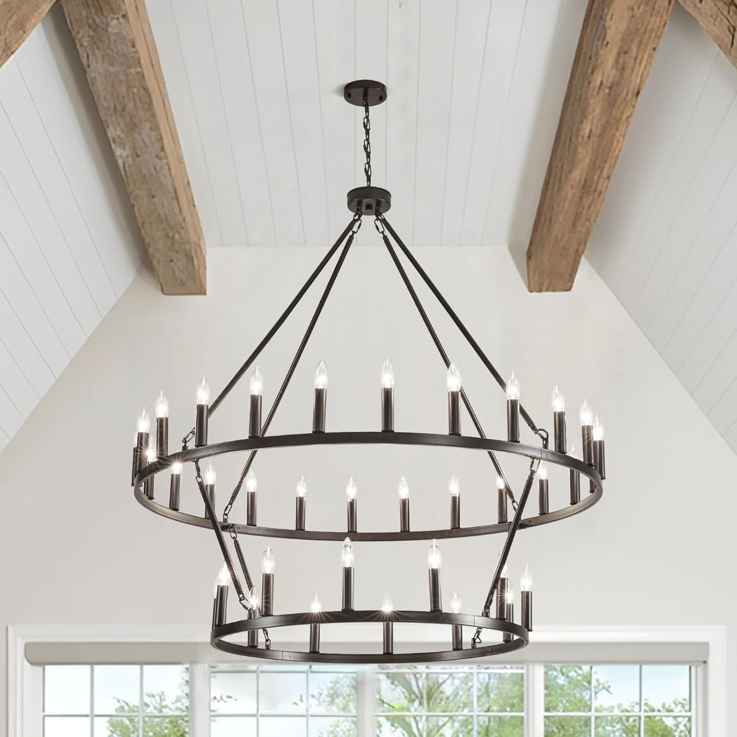 2 Tiers 48 Inch Black Wagon Wheel Chandelier, 36 Lights E12 Bulb Base Extra Large Farmhouse Industrial Hanging Chandeliers, Round Rustic Lighting