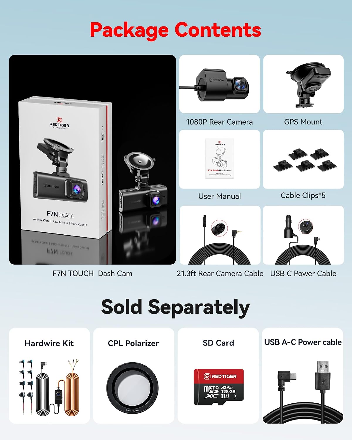 REDTIGER 4K STARVIS 2 Dashcam Front Rear, 5GHz WiFi 20MB/s, Voice Control