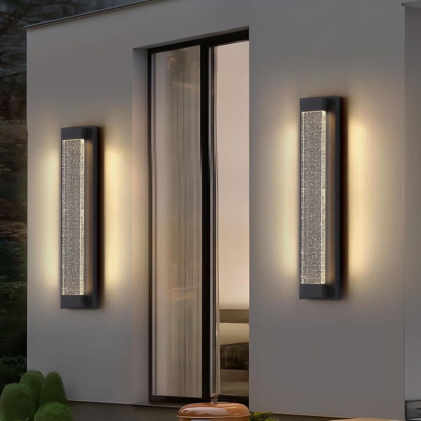 2 Pack Black Long Exterior Wall Lights, 23.6inch Bubble Crystal Outdoor Wall Sconce, 3000K Warm White, IP65 Waterproof, Minimalist LED Outside Garage Lighting for House, Fence, Balcony, Patio 3000K-Crystal 23.6inch 2