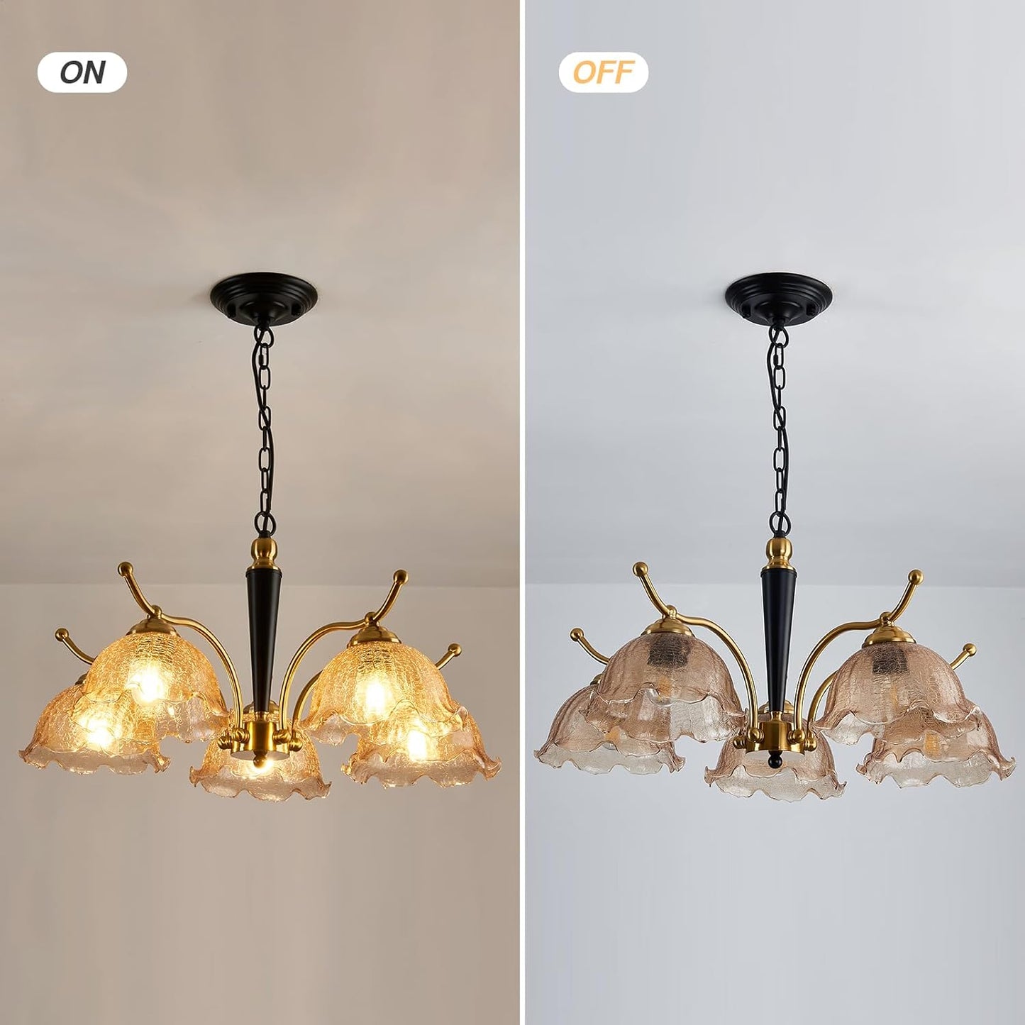 CVKASH 5-Light Farmhouse Amber Glass Pendant Light Fixture Modern Matte Black and Gold Chandelier Fixture Vintage Hanging Pendant Lighting for Dining