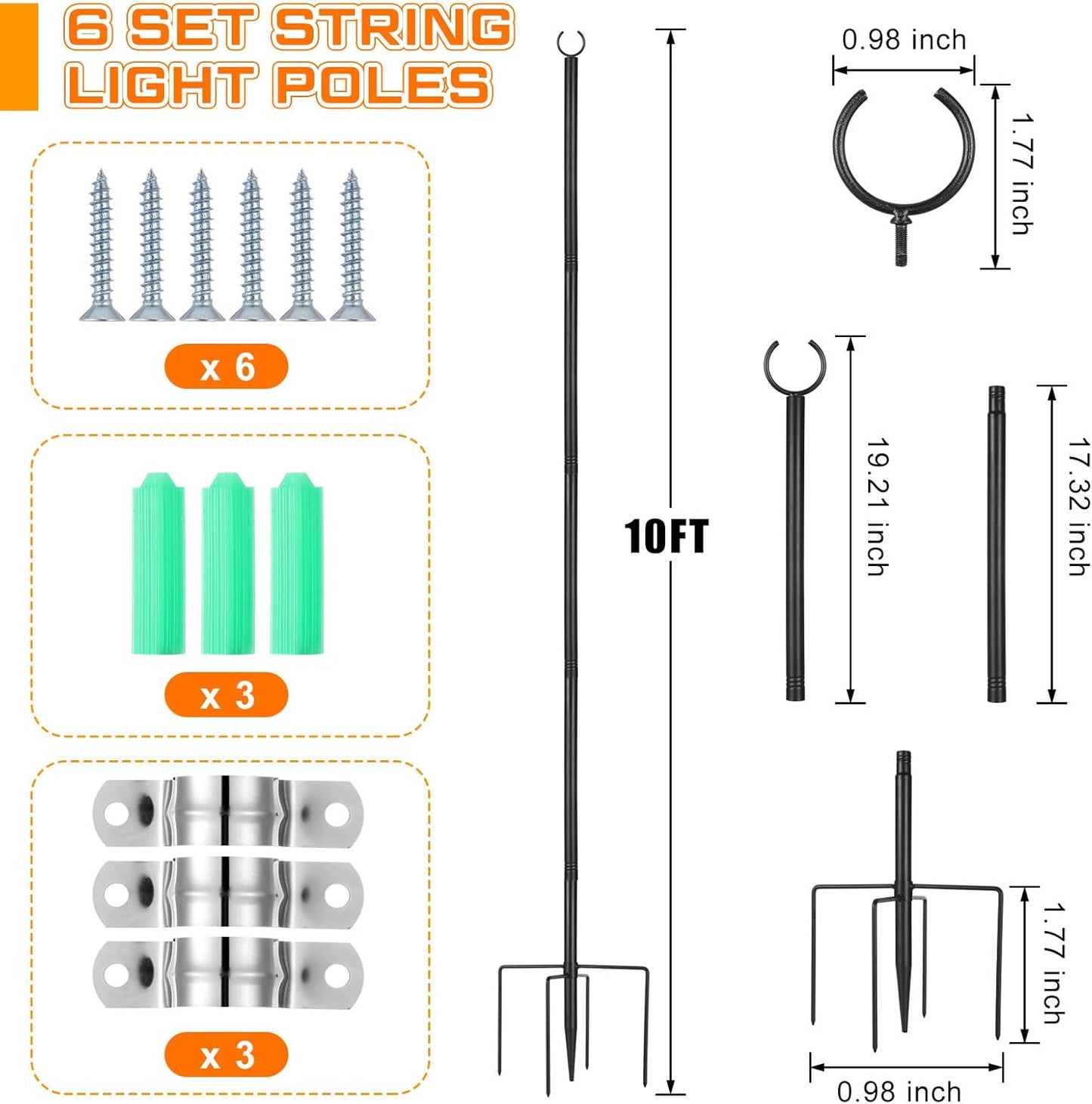 6 Set String Light Poles with Hooks, 9ft Metal Light Pole, Outdoor 2 in 1 Light Poles with Fork