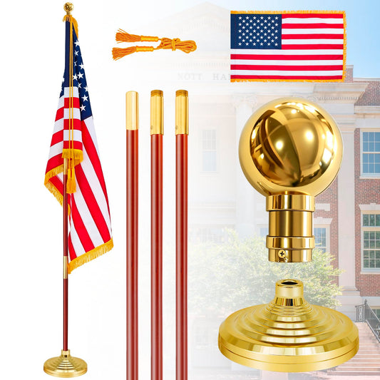 1 Set 8FT Indoor Flagpole Kit, Wooden 3 Section Pole With US Fringe Flag