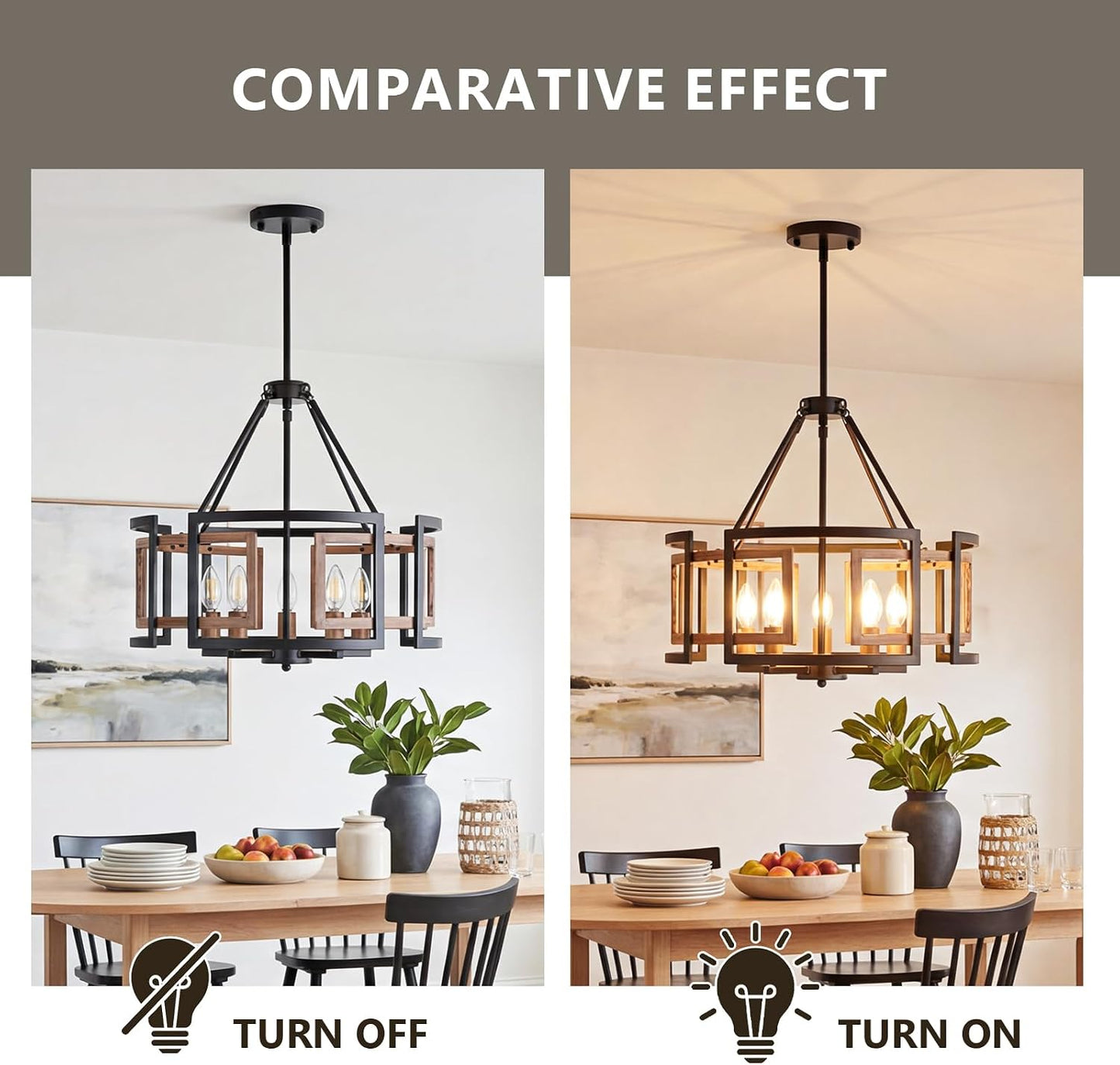 20-inch Chandelier, 5-Light Dining Room Light Fixture Over Table | Matte Black Metal with Woodgrain Frame, Farmhouse Rustic Style, Adjustable Height, E12 Socket, Ceiling Mount, Hardwired, 120V