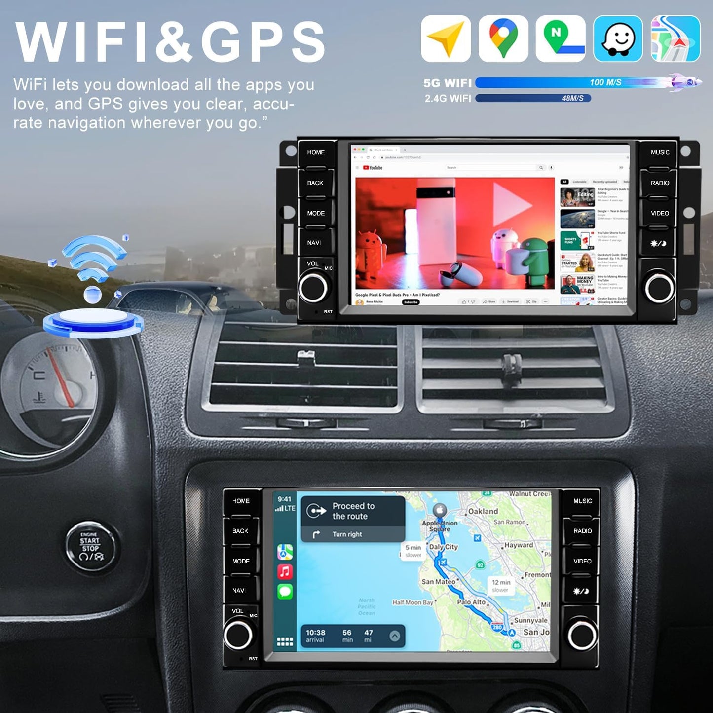 Upgrade 5G WiFi Car Radio for Dodge Challenger 2008-2014, Avenger 2008-2014, Charger 2008-2010, 7 Inch Touch Screen Stereo Head Unit with Wireless Carplay Android Auto GPS Navigation FM BT SWC Camera
