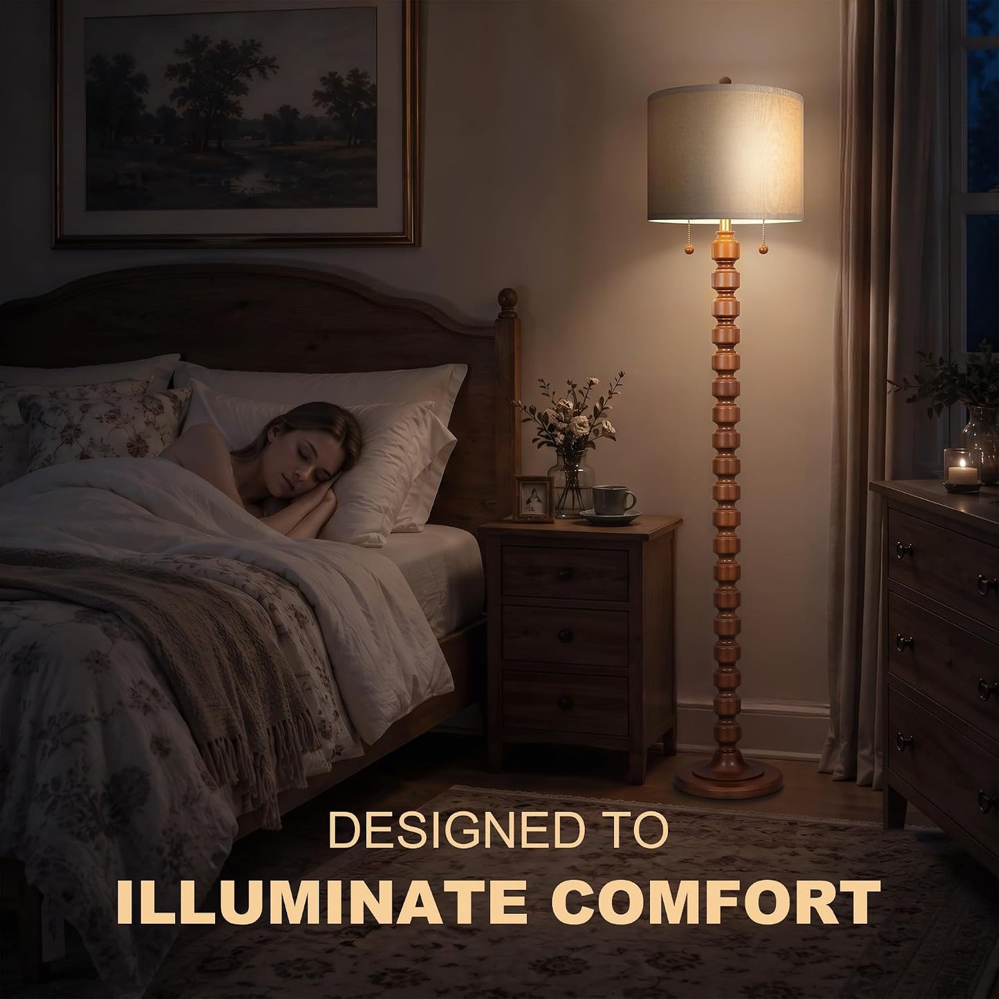 Scenekoy 63.5”H Solid Wood Floor Lamp for Living Room Bedroom, Pull Chain