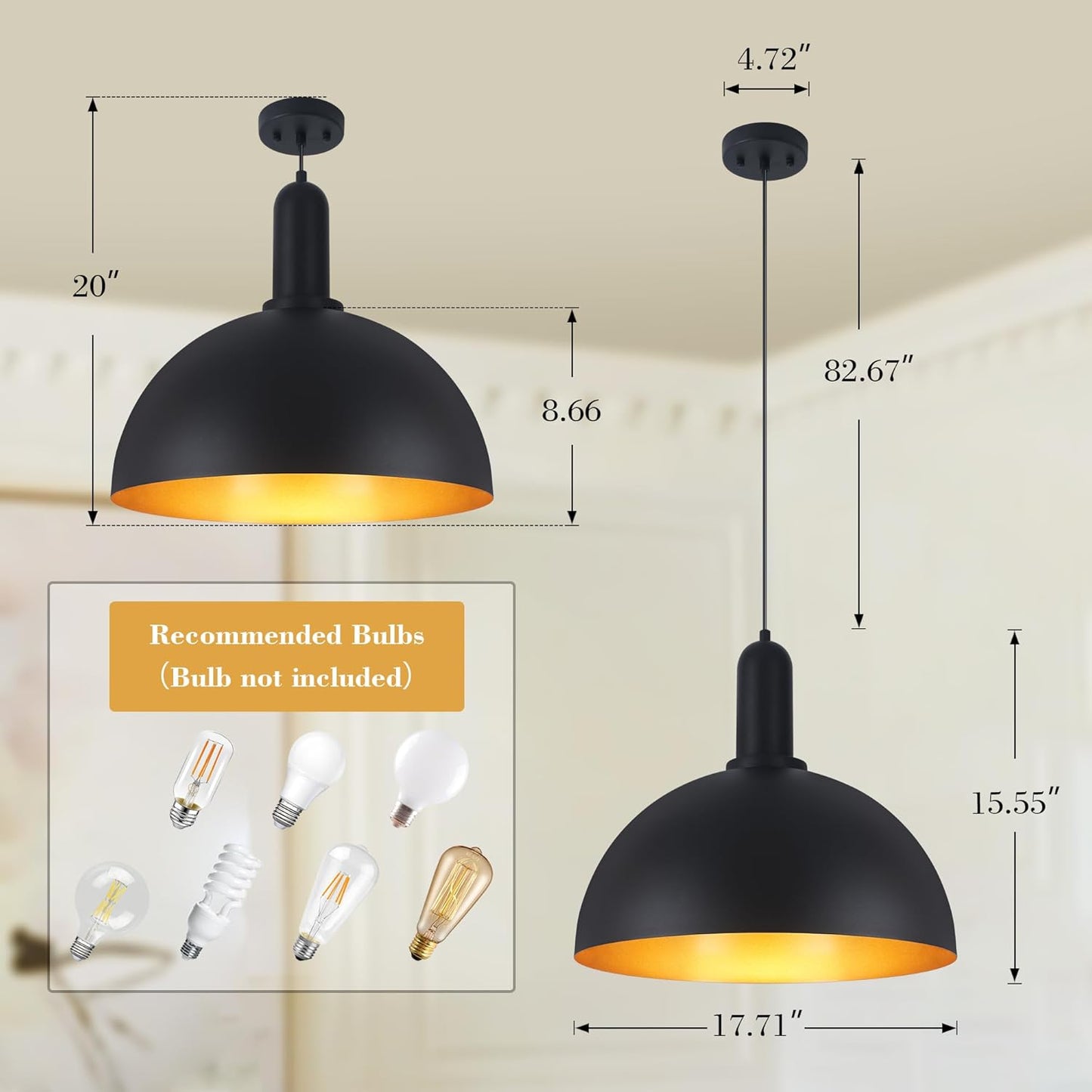 17.7' Black Dome Pendant Light Industrial Large Pendant Light Fixtures Adjustable Vintage Chandelier Farmhouse Kitchen Island Pendant Light for