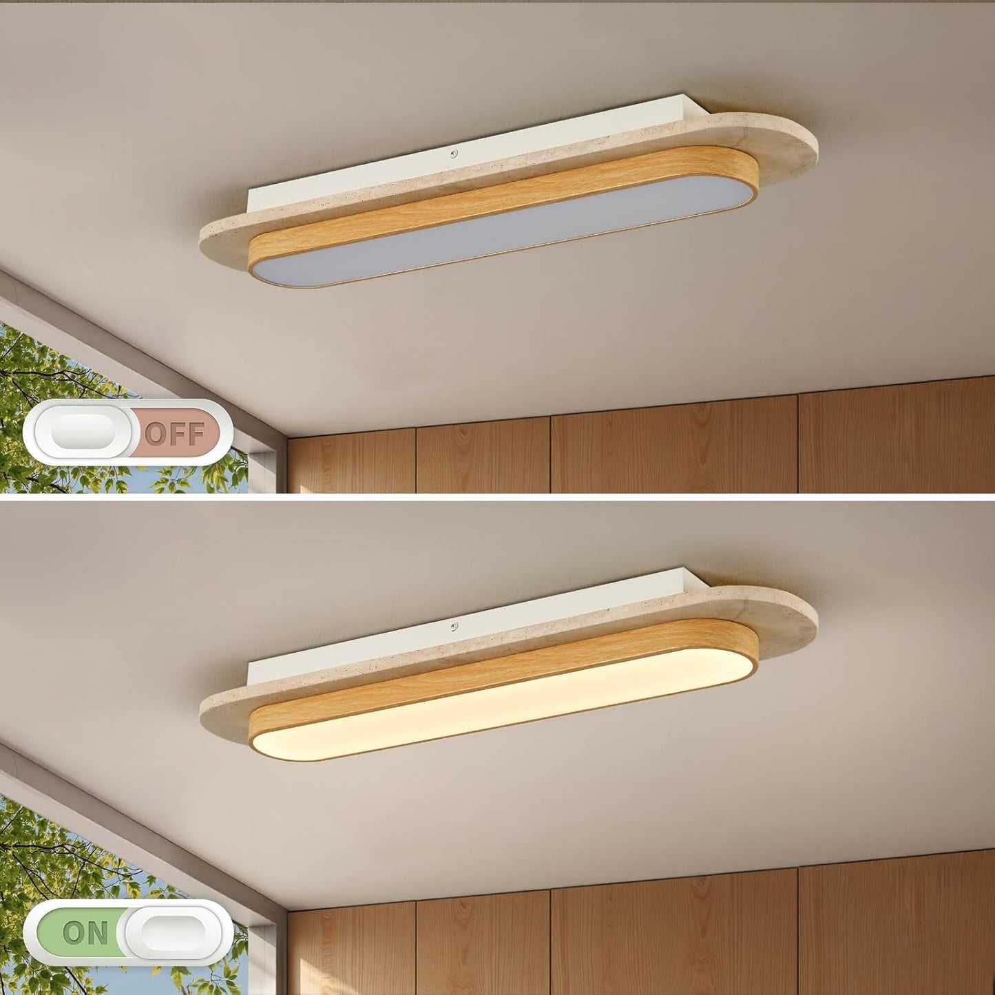 23.6 inch Wabi Sabi Travertine Ceiling Light Fixture, Natural Stone Linear Ceiling Lamp with Wood Grain Metal Frame, 3000K LED Travertine Stone Flush Mount Light for Hallway, Entrance, Corridor