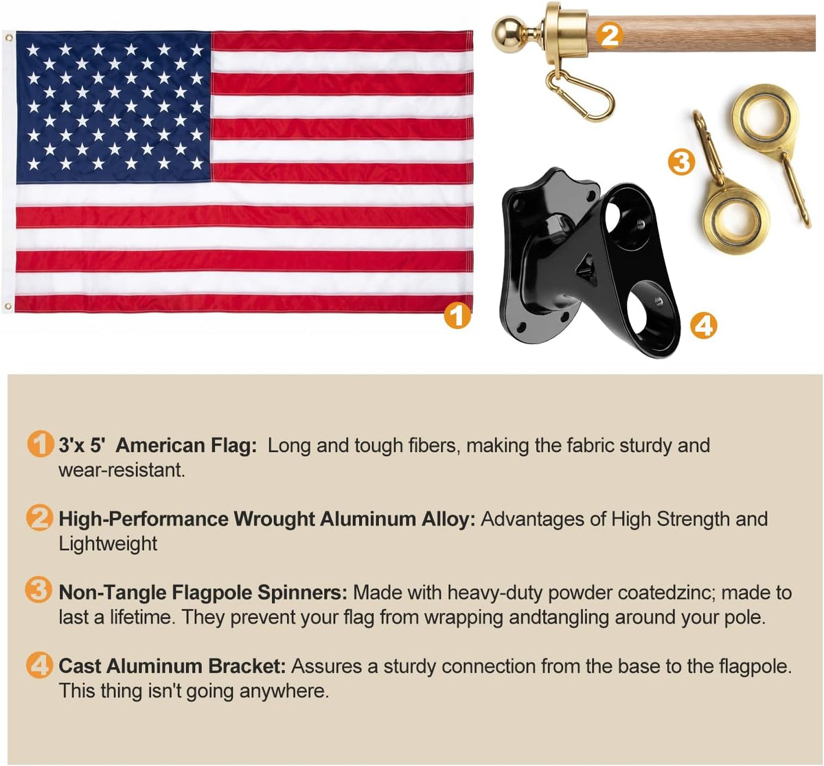 American Flags For Outside Set 3x5 Ft, Premium US Flag Made of 210D Nylon Fabric. Features aviation‑grade aluminum flagpole with wood‑grain finish, embroidered stars and hand‑stitched stripes. Sturdy & durable, fade‑resistant for all‑weather use.