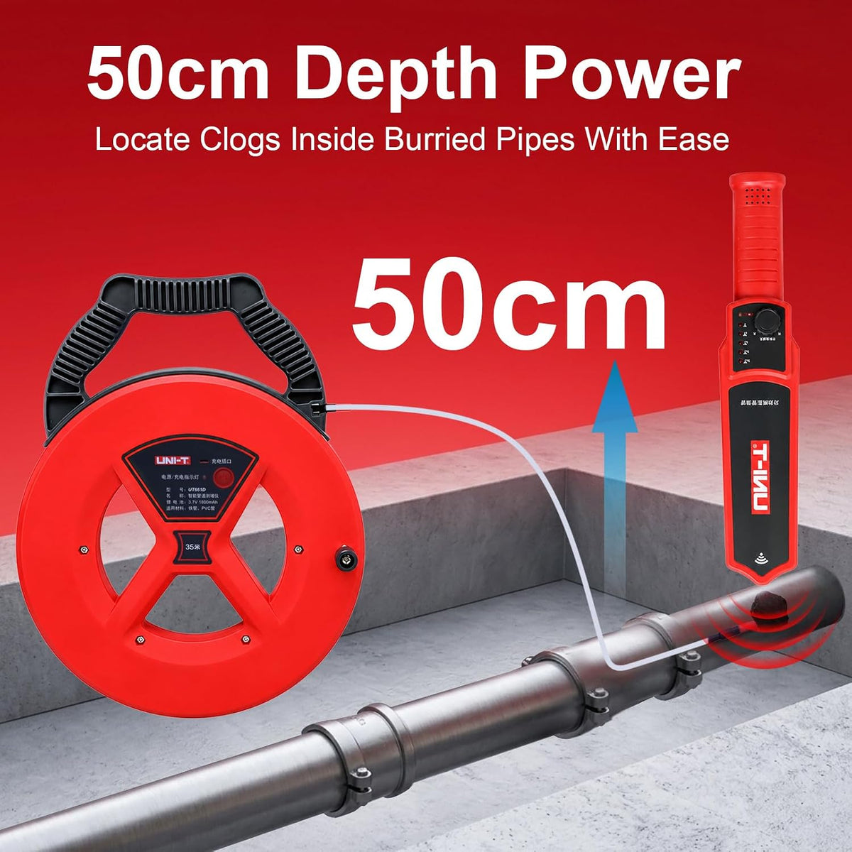 UNI-T Pipe Blockage Detector 115ft Clog Locator for PVC & Metal Water Pipes