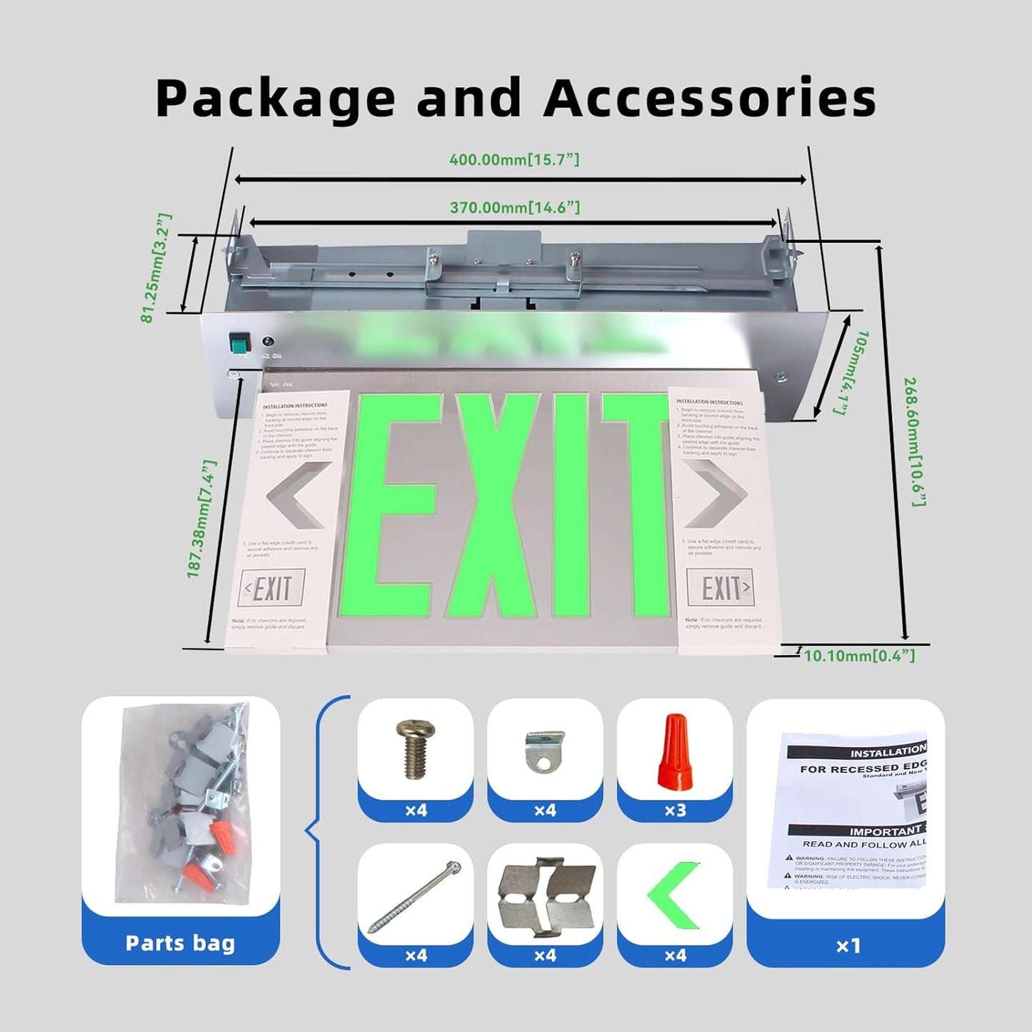 LED Exit Sign Edge-Lit Emergency Light Battery Backup Edge, Double Side/Mirror Acrylic Panel Green