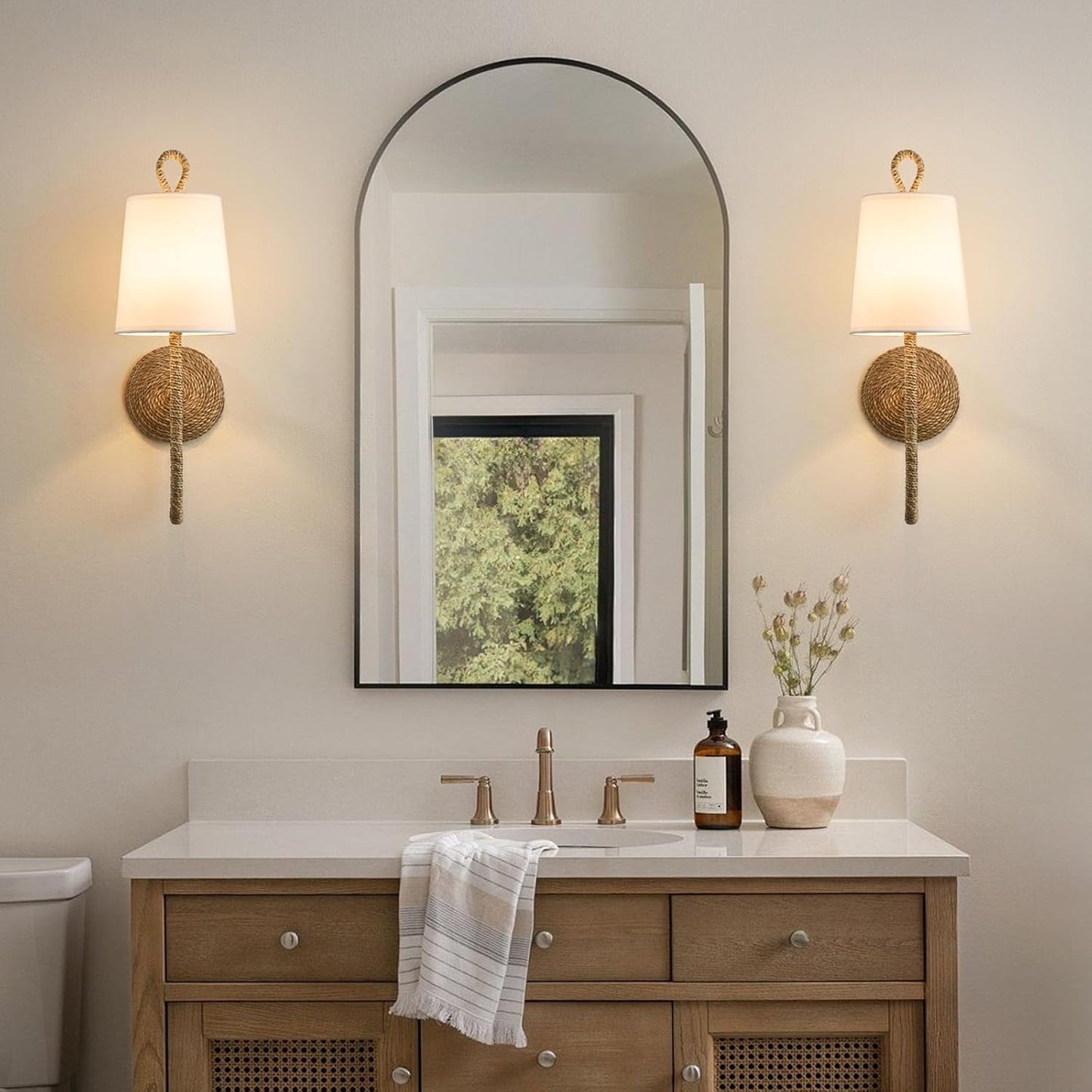 Boho Coastal Rattan Wall Sconce - Set of 2 Bohemian Beachy Nautical Sconces - Natural Wicker Woven Light Fixture with White Fabric Scalloped Shade for Bedroom Living Bathroom Vanity Hallway Decor