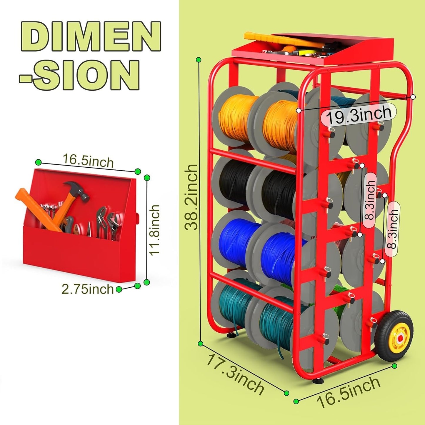 Wire Spool Rack, Cable Dispenser Cart with Wheels, Multi-Electrical Wire Rack, 11 Rods Wire Rack Dispenser, Automotive Wiring Storage with Storage