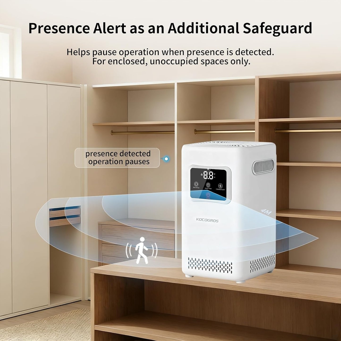 Odor Treatment Device with Daily Cycle, Single Timer and Presence Alert, for Enclosed Unoccupied Spaces