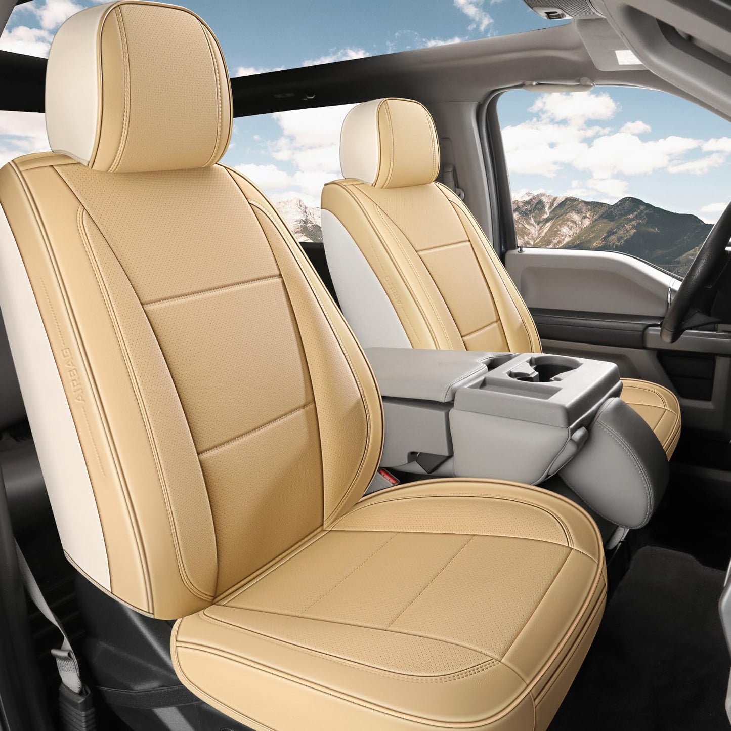 Seat Covers Fit for Chevy Chevrolet Silverado GMC Sierra Custom Fit 2007-2025 2026 1500 2500 3500HD Waterproof Faux Leather Car Seat Cover Full Coverage Car Seat Covers Sets (5 Seats/Beige)