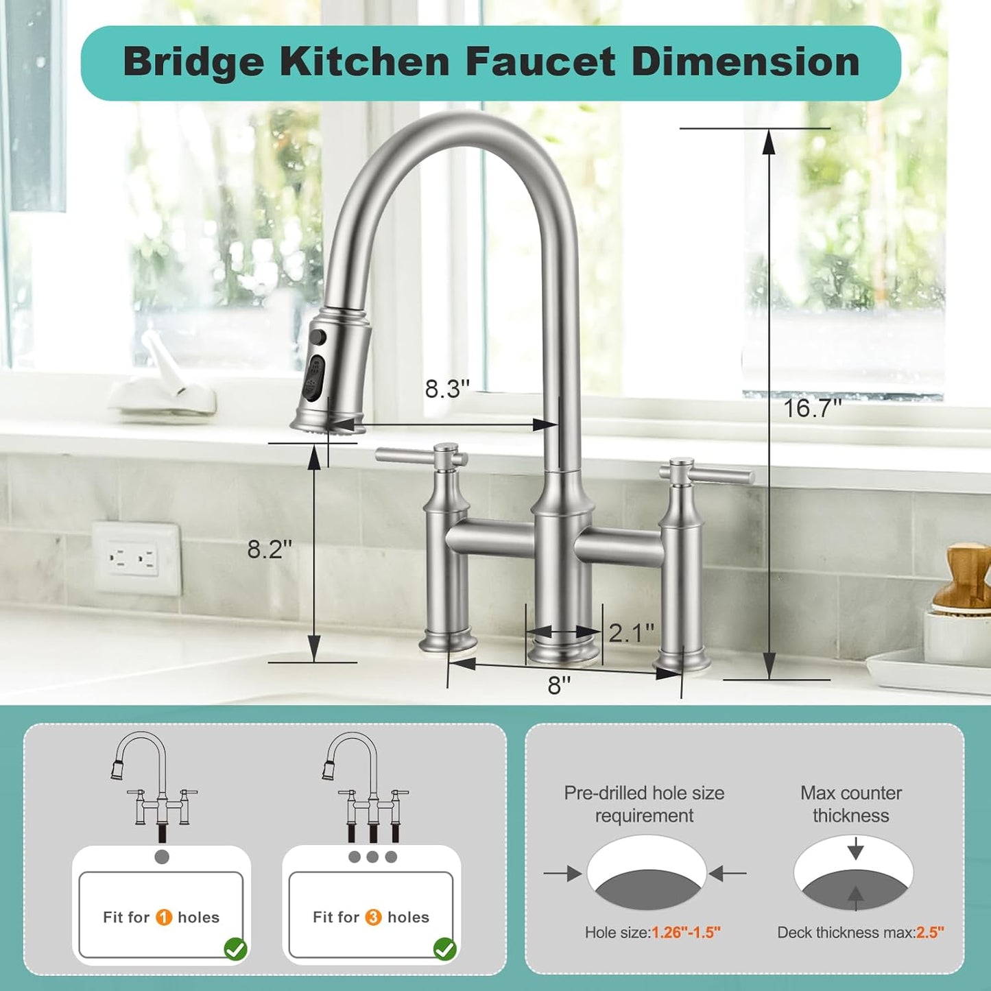 Brushed Nickel Bridge Kitchen Faucet: 3 Holes Kitchen Faucet with Pull Down Sprayer - Two Handles 8 Inch Centerset Kitchen Sink F