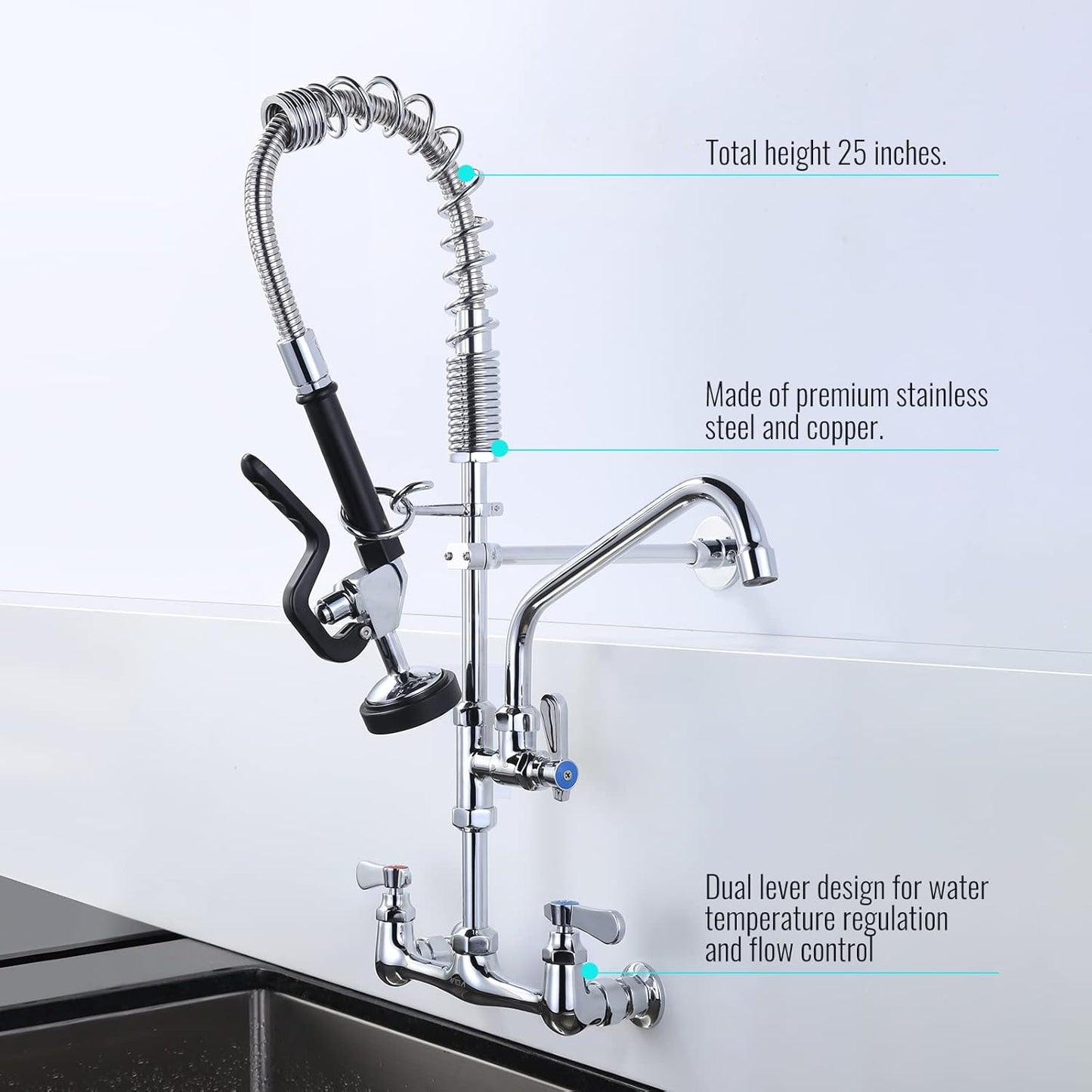 ALEASHA 25 Inches Commercial Faucet with Sprayer, Commercial Sink Faucet with 8 Inches Adjustable Center, Commercial Wall Mount Faucet with 9.6