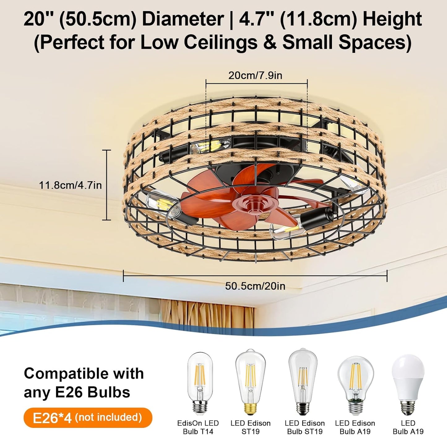 Low Profile Flush Mount Fandelier, Caged Ceiling Fan with Remote, Black Bladeless Enclosed Small Ceiling Fan Lights Fixtures for Bedroom Farmhouse (Rattan)