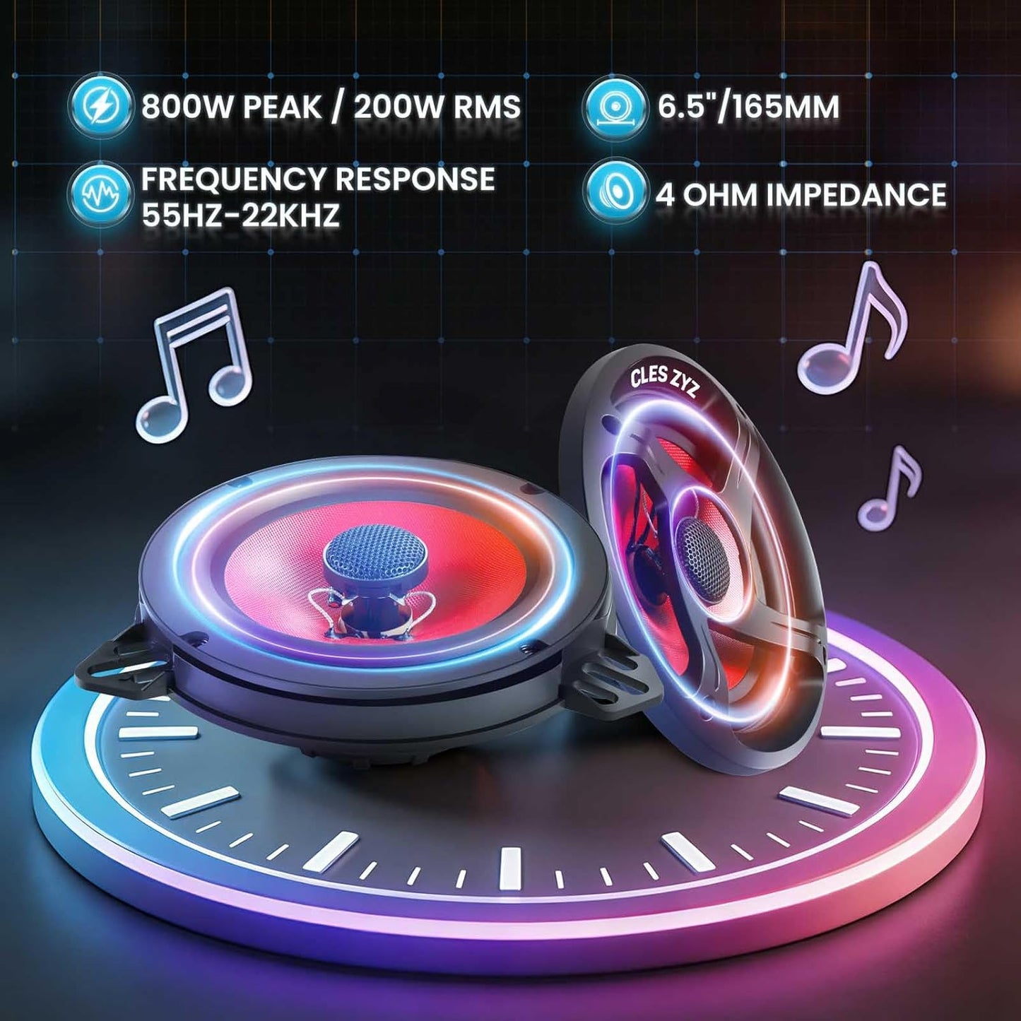 Upgraded 6.5“ Car Speakers, 6.5 Speakers with Glass Fiber Cone, 800W Max Power, 200W RMS, 4 Ohm, 90dB Sensitivity for Delivering HiFi Sound, Ideal Audio Upgrade for New & Old Cars (Pair)
