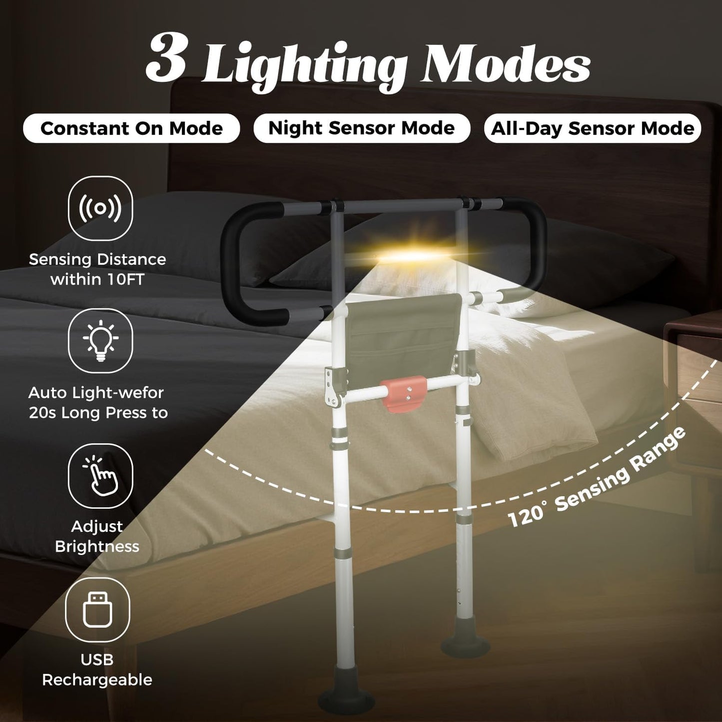 Folding Bed Rail for Elderly Adults with Motion Sensor Light, Adjustable Safety Assist Handle with Secure Straps, Heavy-Duty Bedside Support, Fits Bed Frames 13.58–19.88 in