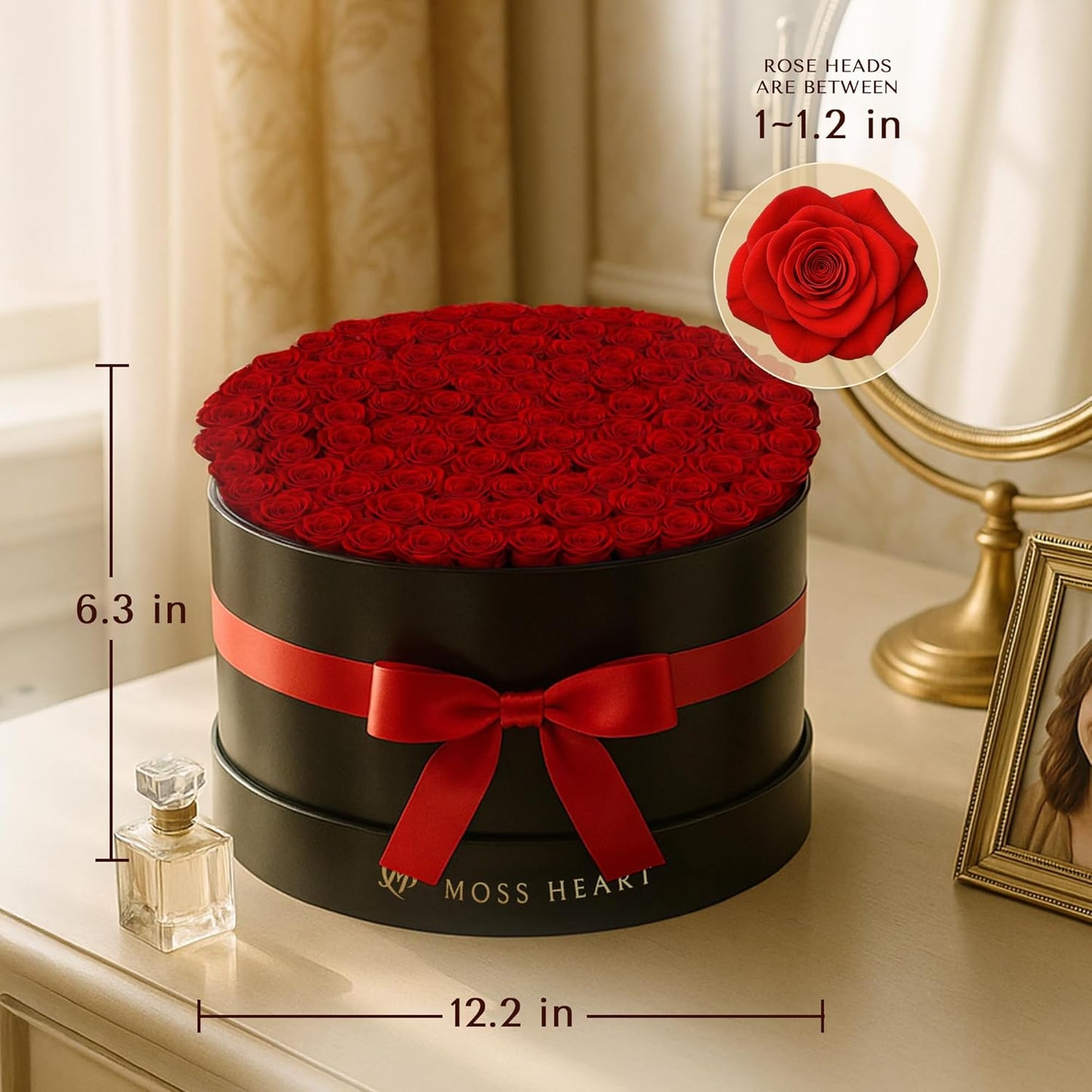 100 Preserved Roses in Designer Round Box, Real Forever Roses, Long-Lasting 1+ Year, No Watering, Luxury Home Décor Arrangement, Valentine’s Day Gift for Wife or Girlfriend Red 100 Roses