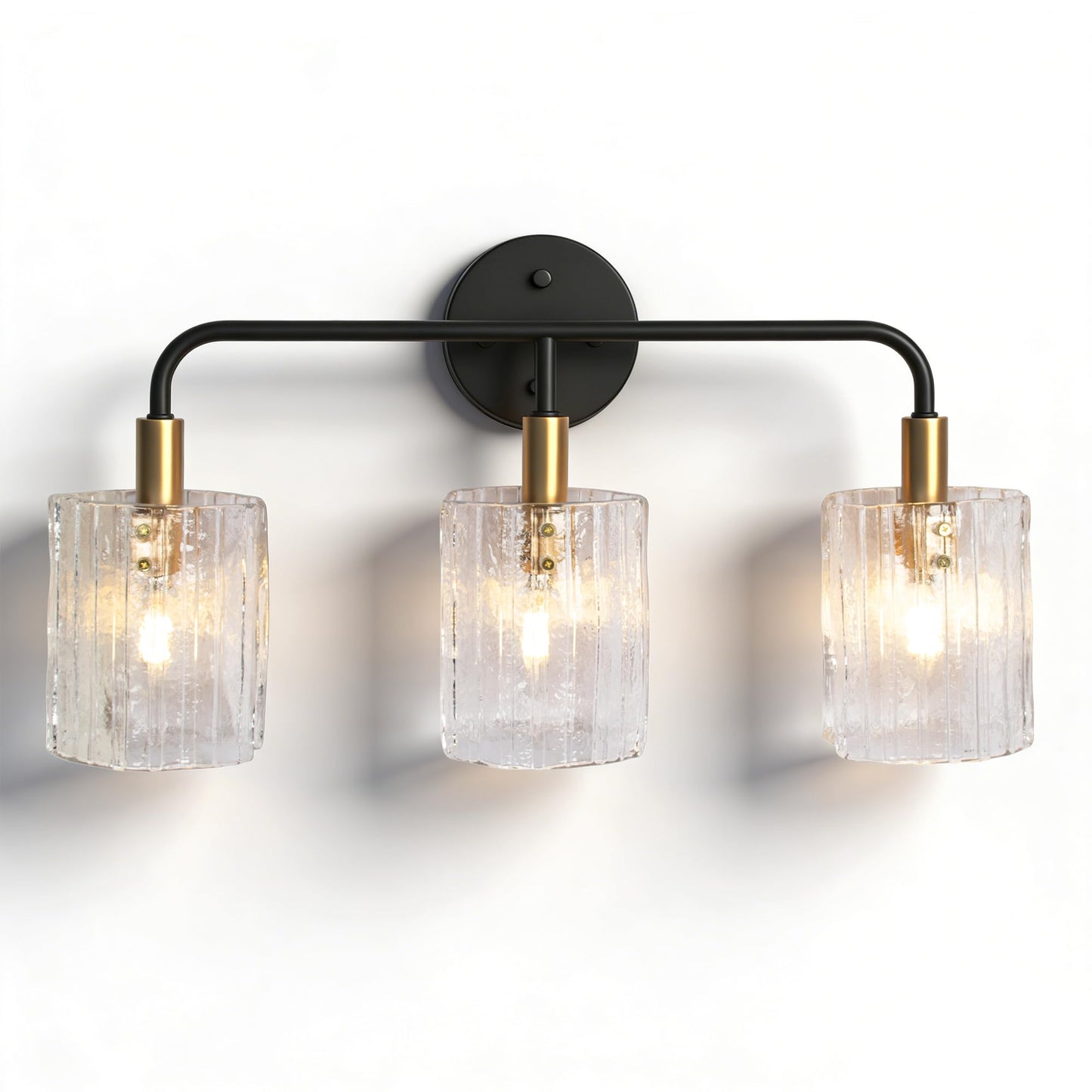 3-Light Glass Bathroom Vanity Lights Over Mirror, Black and Gold Bathroom Light Fixture with Clear Glass Shade, Modern Bathroom Wall Sconce Lighting for Mirror, Living Room (E12)