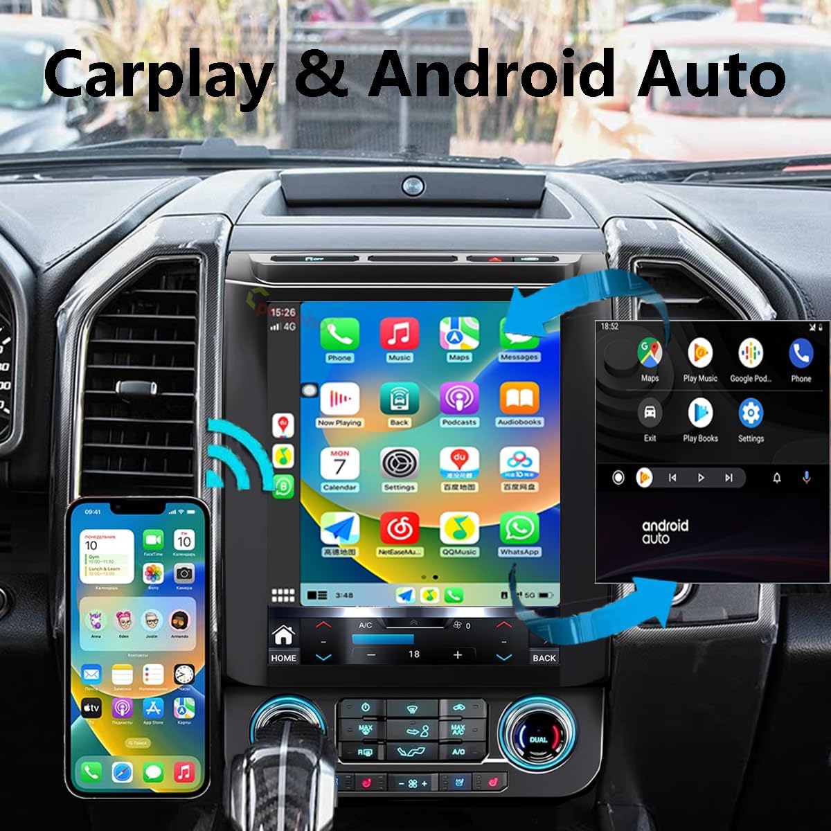 Upgrade Car Radio for Ford F150 2015-2021 Car Radio Android 14 Stereo Replacement 12.1 inch Touch Screen 8core CPU Tesla Vertical Screen Style with Wireless Carplay & Android Auto, DSP, 5G,WiFi 15-21 4GB+32GB