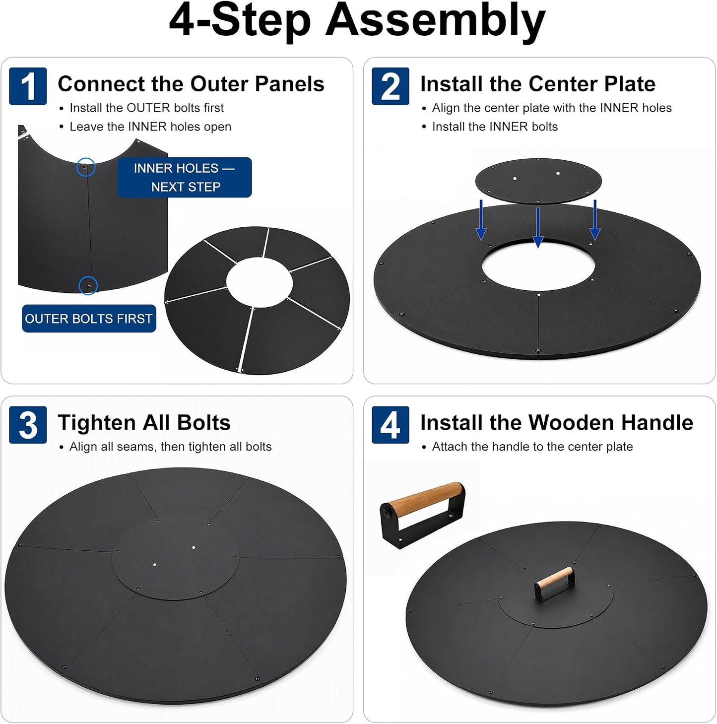 34 in Round Fire Pit Lid, 1.5 mm Steel Cover with Wooden Handle | Metal fire pit cover for outdoor patios and backyards, 34 in round lid with 1.5 mm steel construction and wooden handle